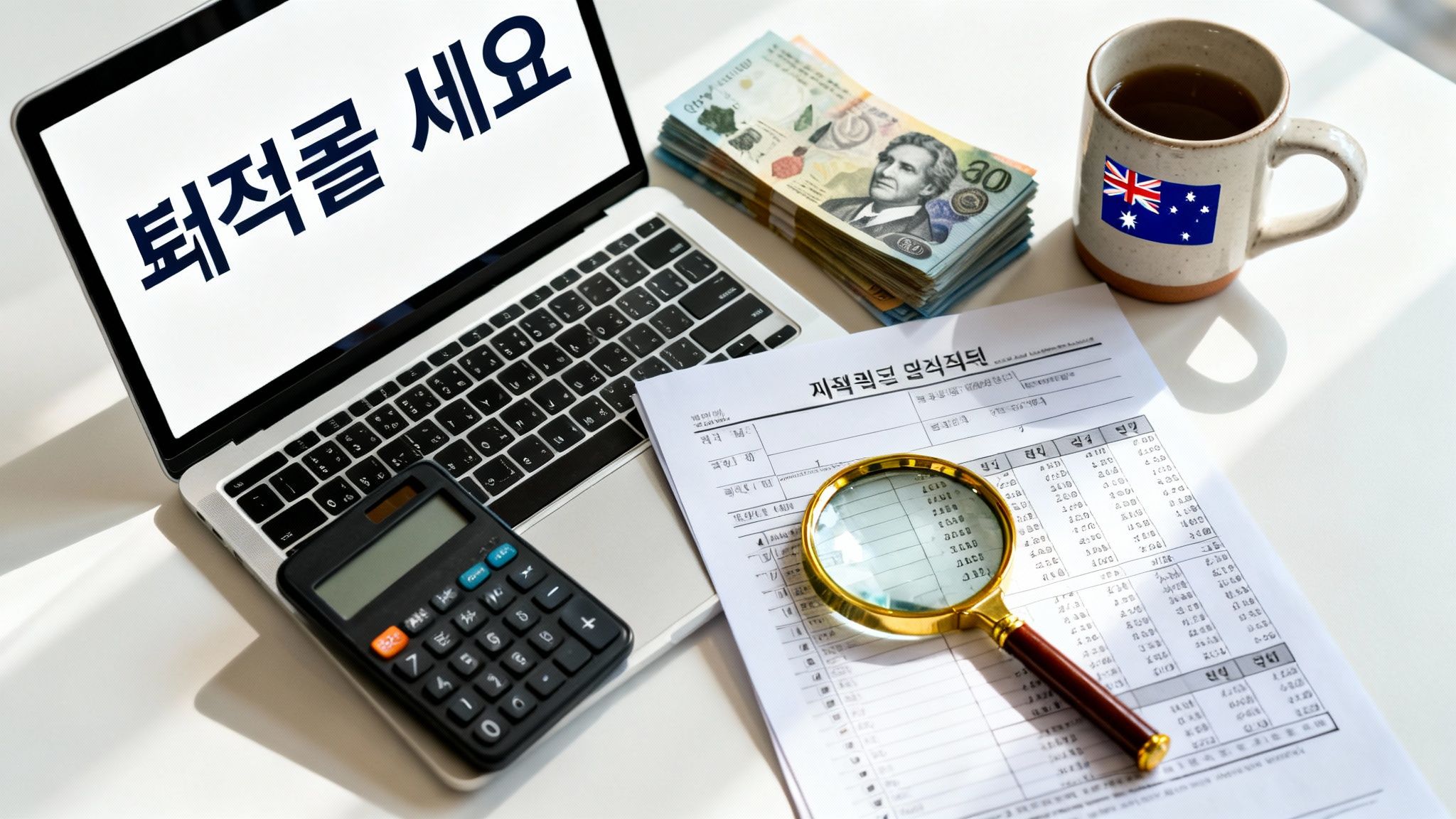호주 퇴직금(ETP) 세금 계산 가이드를 설명하는 계산기와 재무 서류 이미지