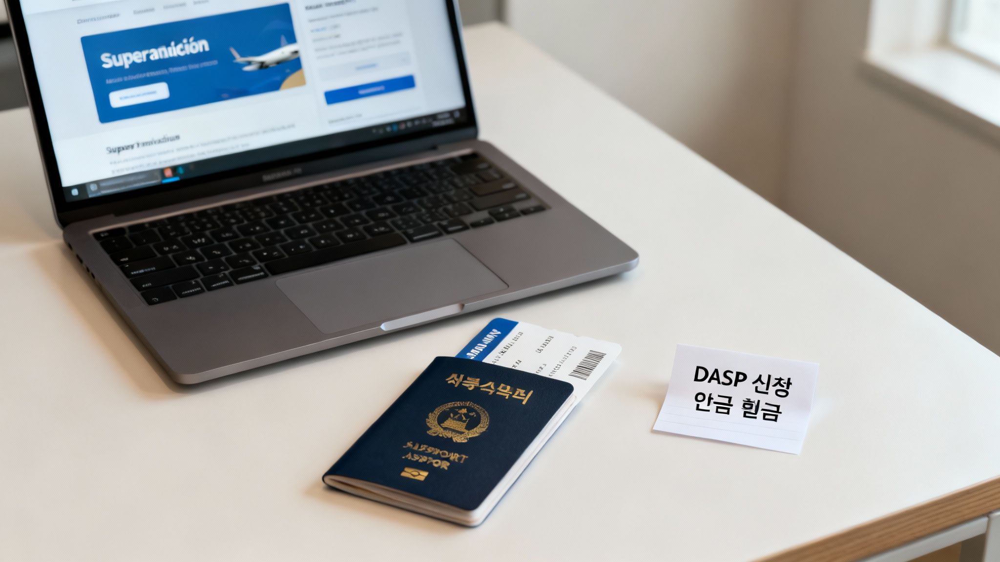여행 준비를 위한 노트북과 여권, 탑승권, 메모지가 놓인 책상 풍경.