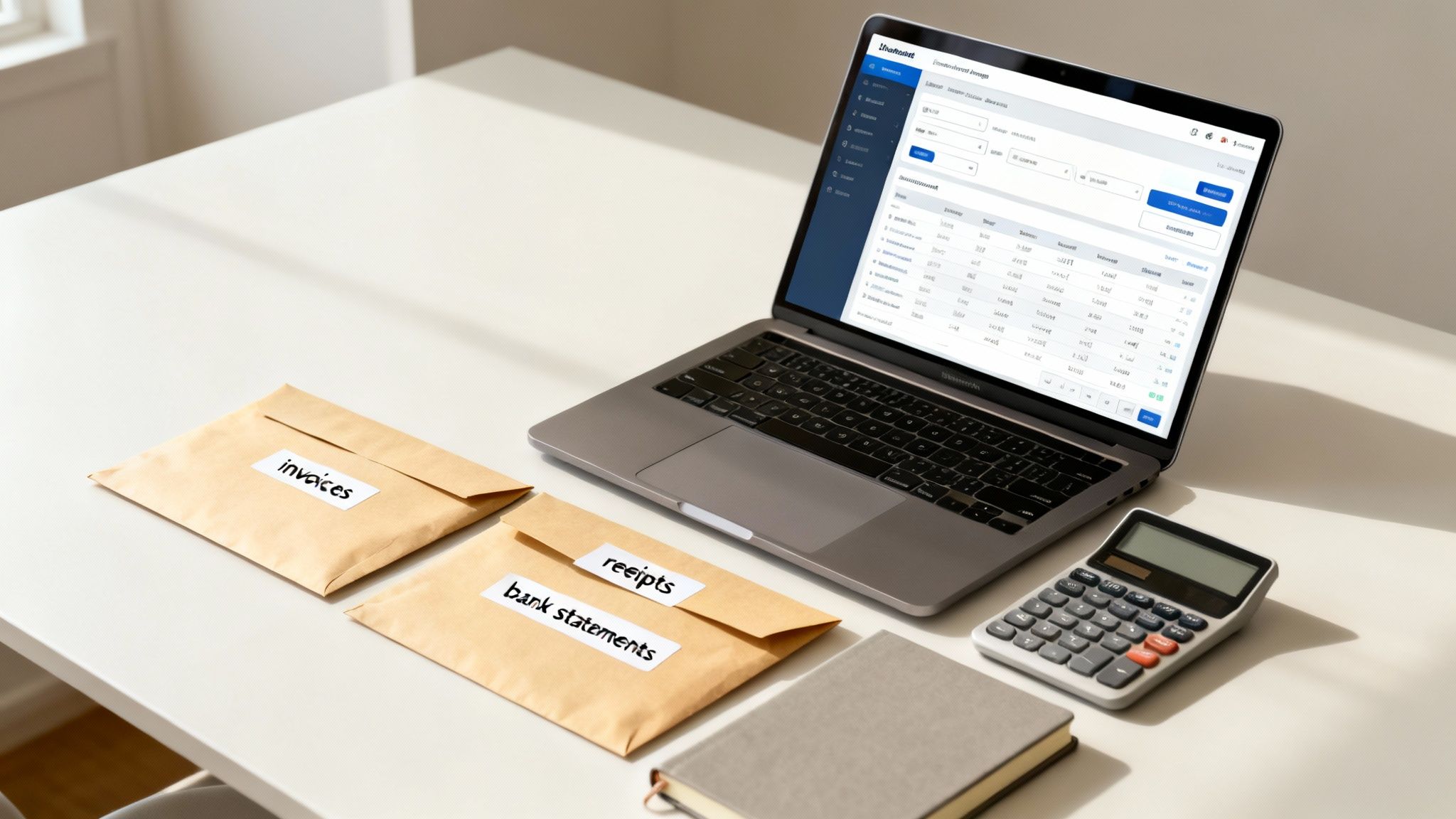 A desk with a laptop displaying accounting software, envelopes for invoices and receipts, a calculator, and a notebook.
