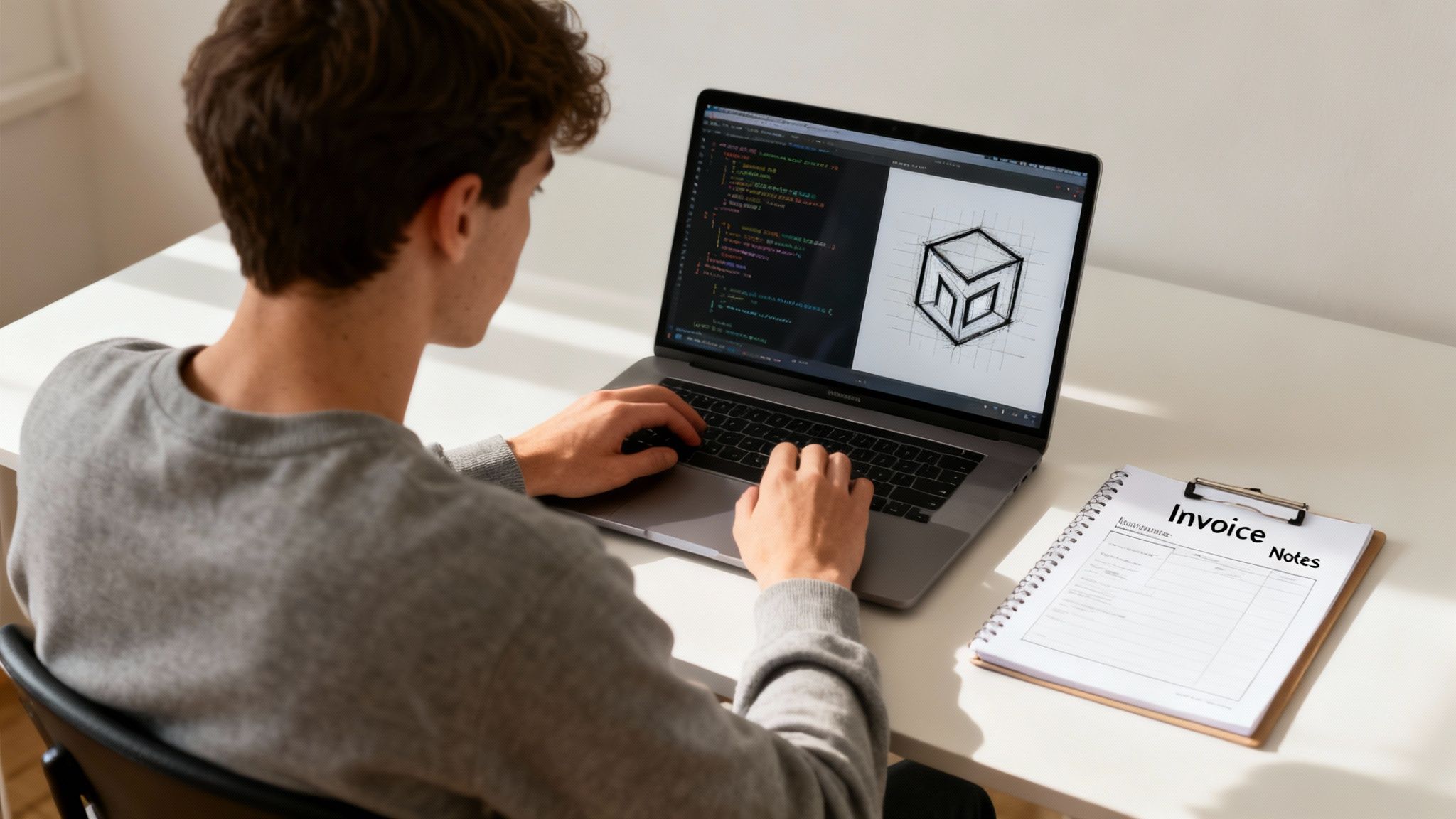 A young person is coding and designing on a laptop, with an invoice pad nearby.