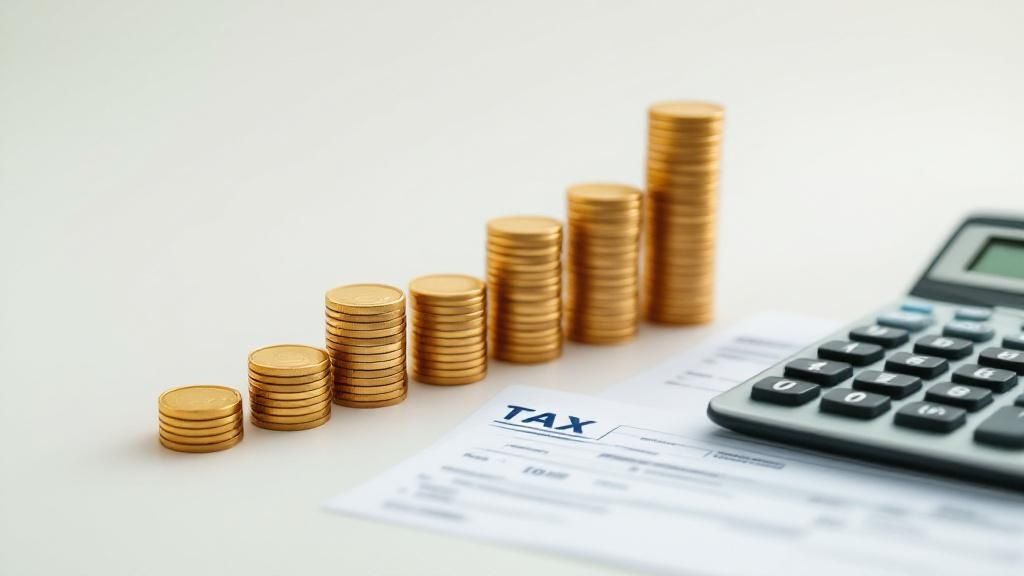 Stacks of gold coins arranged in ascending order next to tax documents and a calculator
