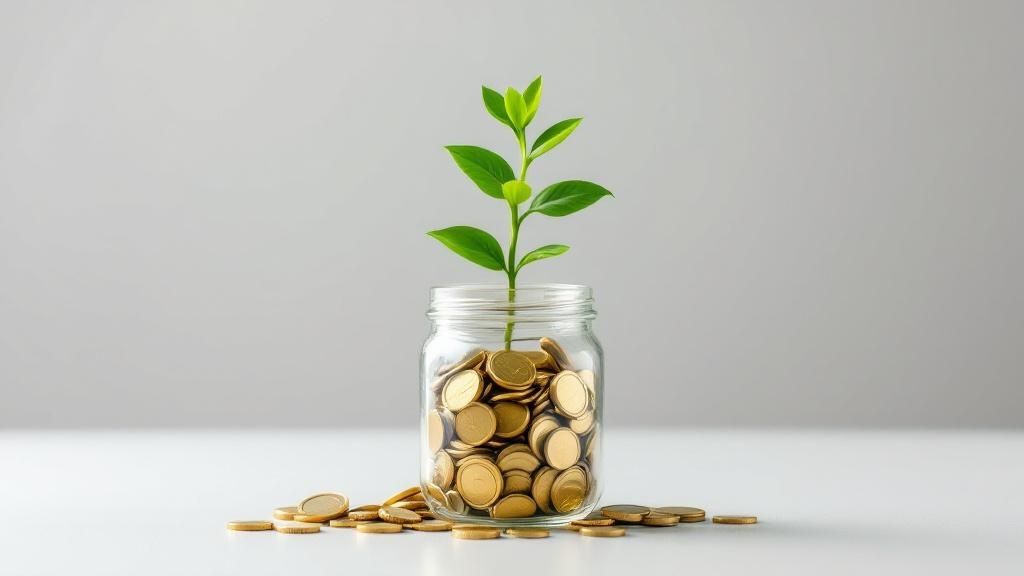A glass jar filled with coins and a small green plant growing from it, symbolizing financial growth and superannuation savings.