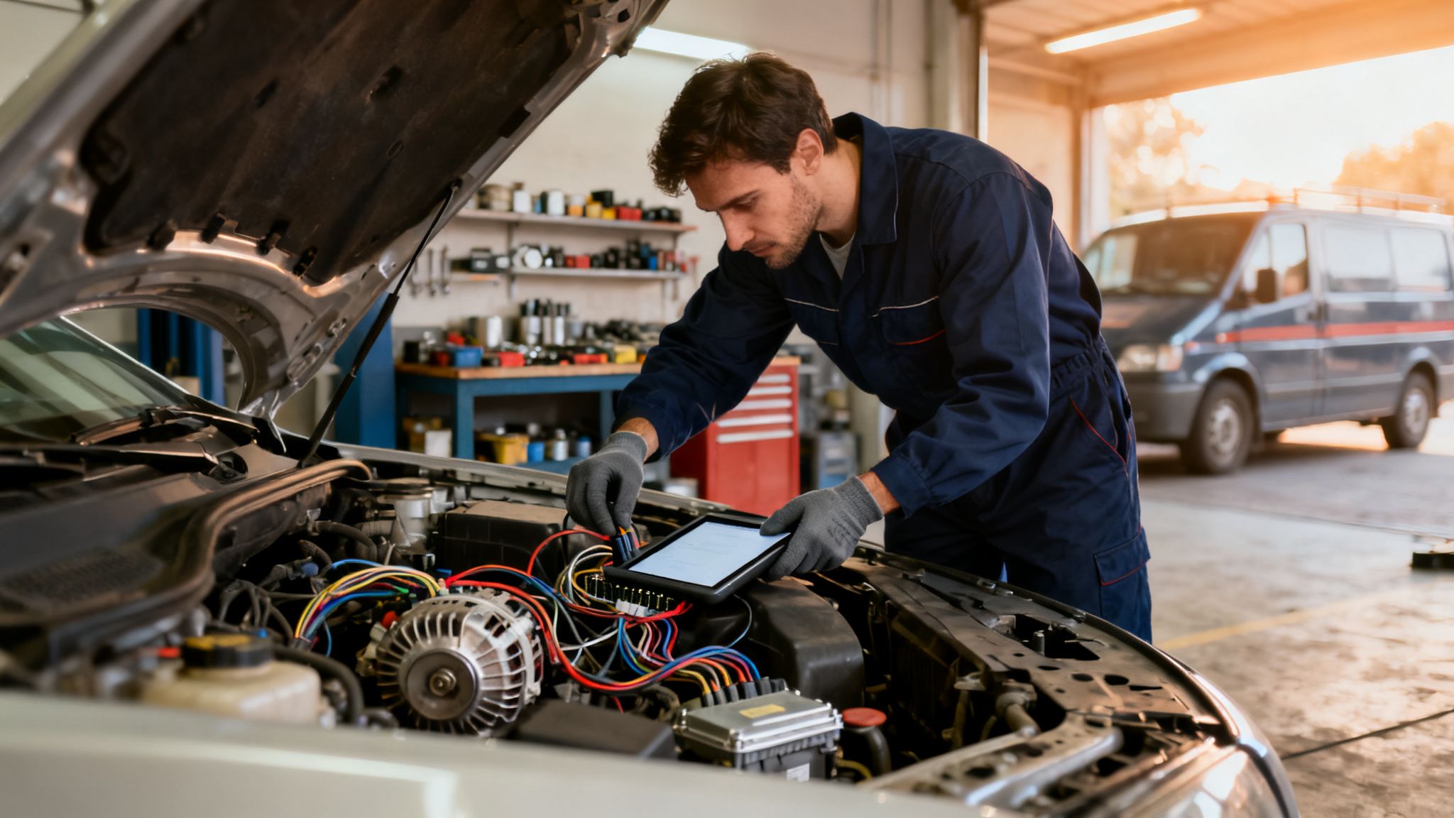 Automotive electrician working on a vehicle’s electrical system as part of starting an automotive electrical services business in Australia.