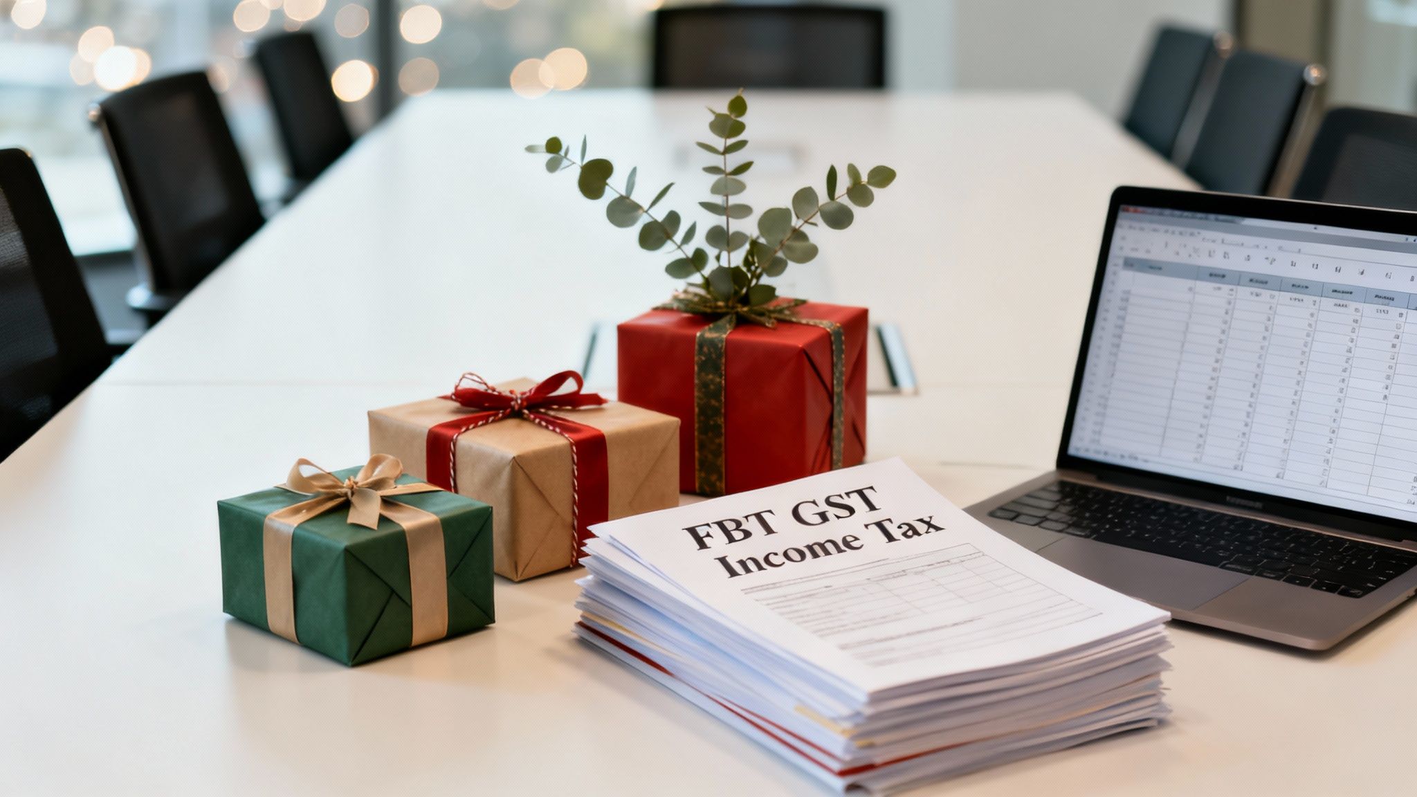 회의 테이블 위, 선물 상자와 FBT GST 소득세 서류, 노트북이 놓여있는 모습.