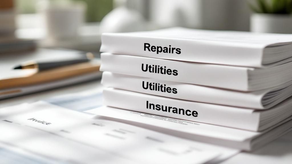 Stack of documents labeled Repairs, Utilities, and Insurance, representing common tax-deductible expenses for rental property owners in Australia