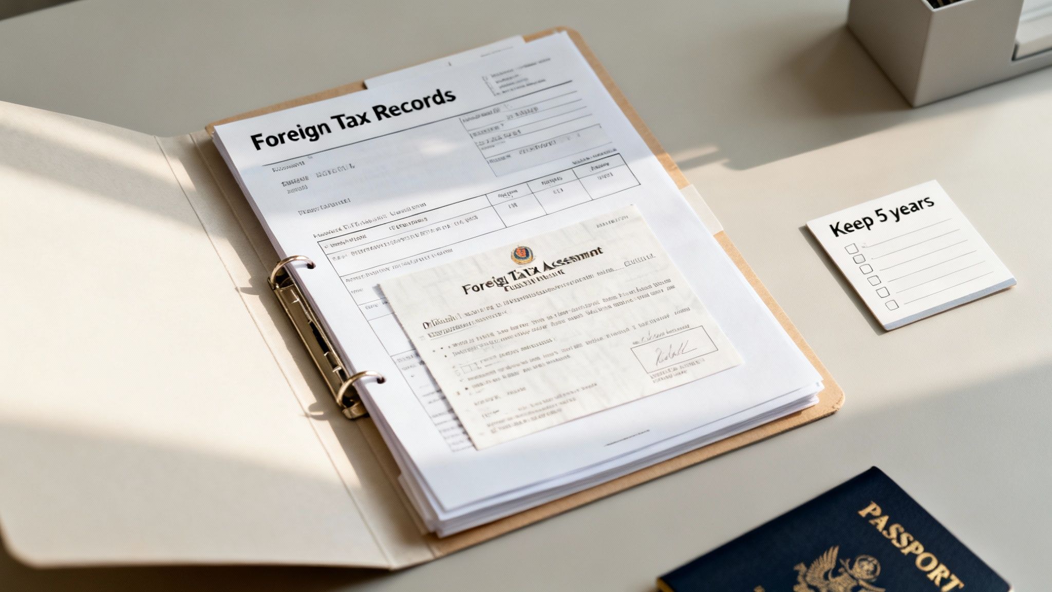 Foreign tax records binder with a tax assessment document, 'Keep 5 years' note, and passport.