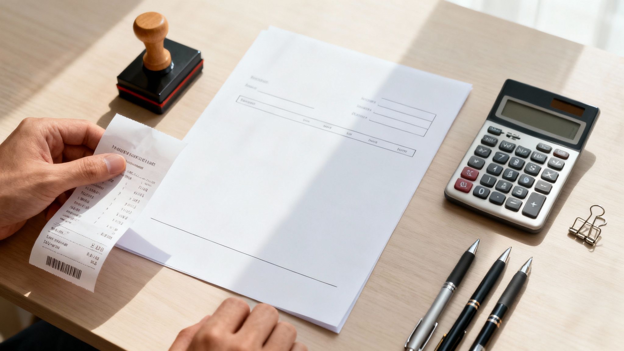 영수증을 들고 있는 손과 계산기, 서류 등이 놓인 책상에서 사업 관련 재무 관리를 하는 모습