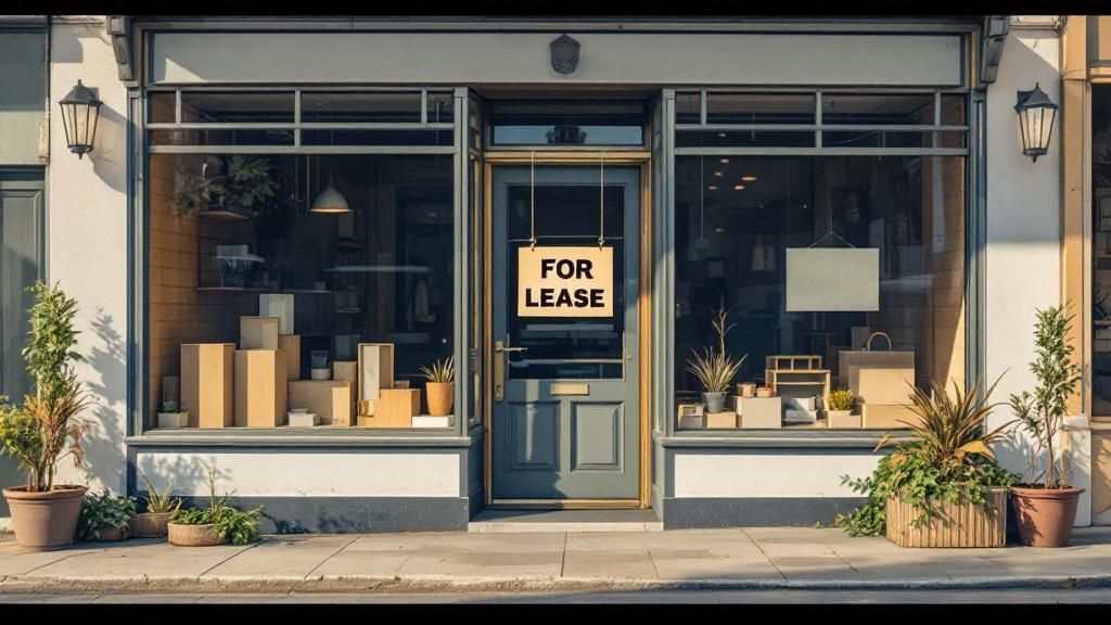 Vacant retail shop with a “For Lease” sign in the window, representing business closure due to bankruptcy