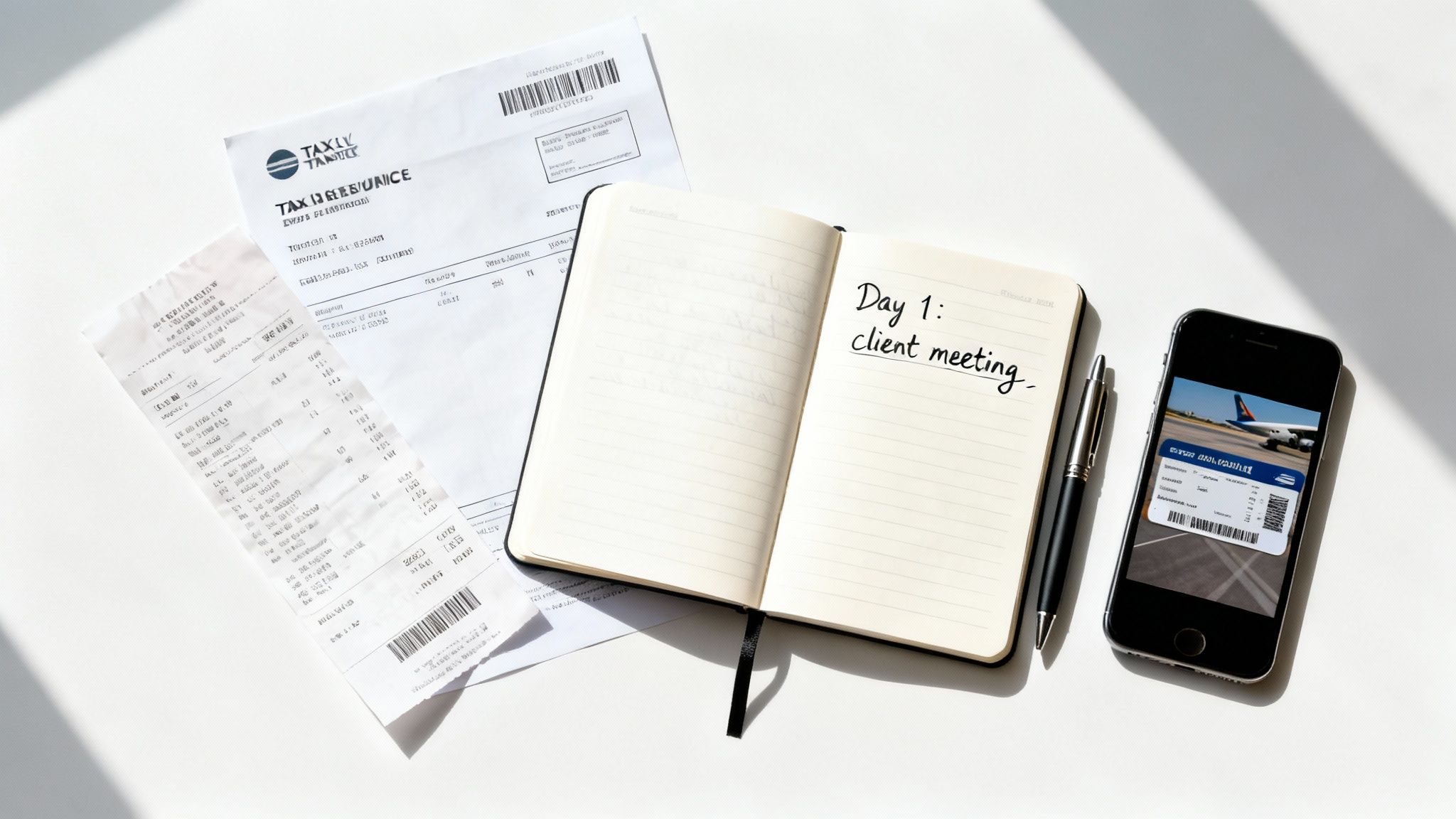 Flat lay of business travel essentials: receipts, invoice, notebook for client meeting, and digital boarding pass on a smartphone.