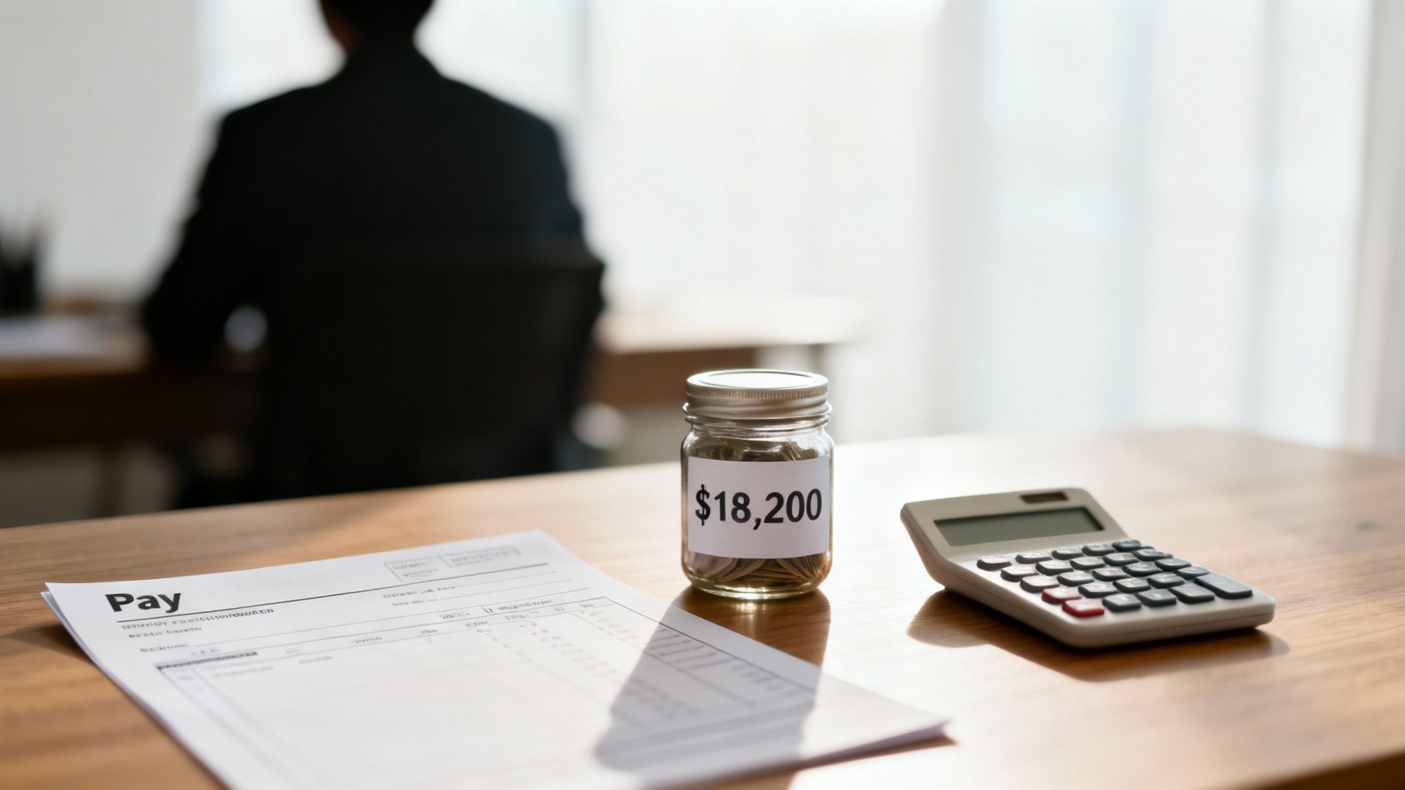 A person calculating finances with a pay stub, coin jar labeled $18,200, and a calculator on a desk.