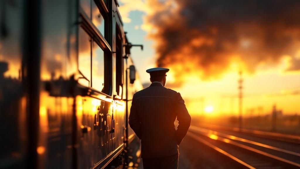 A train conductor standing beside a train at sunset with smoke and tracks in the background