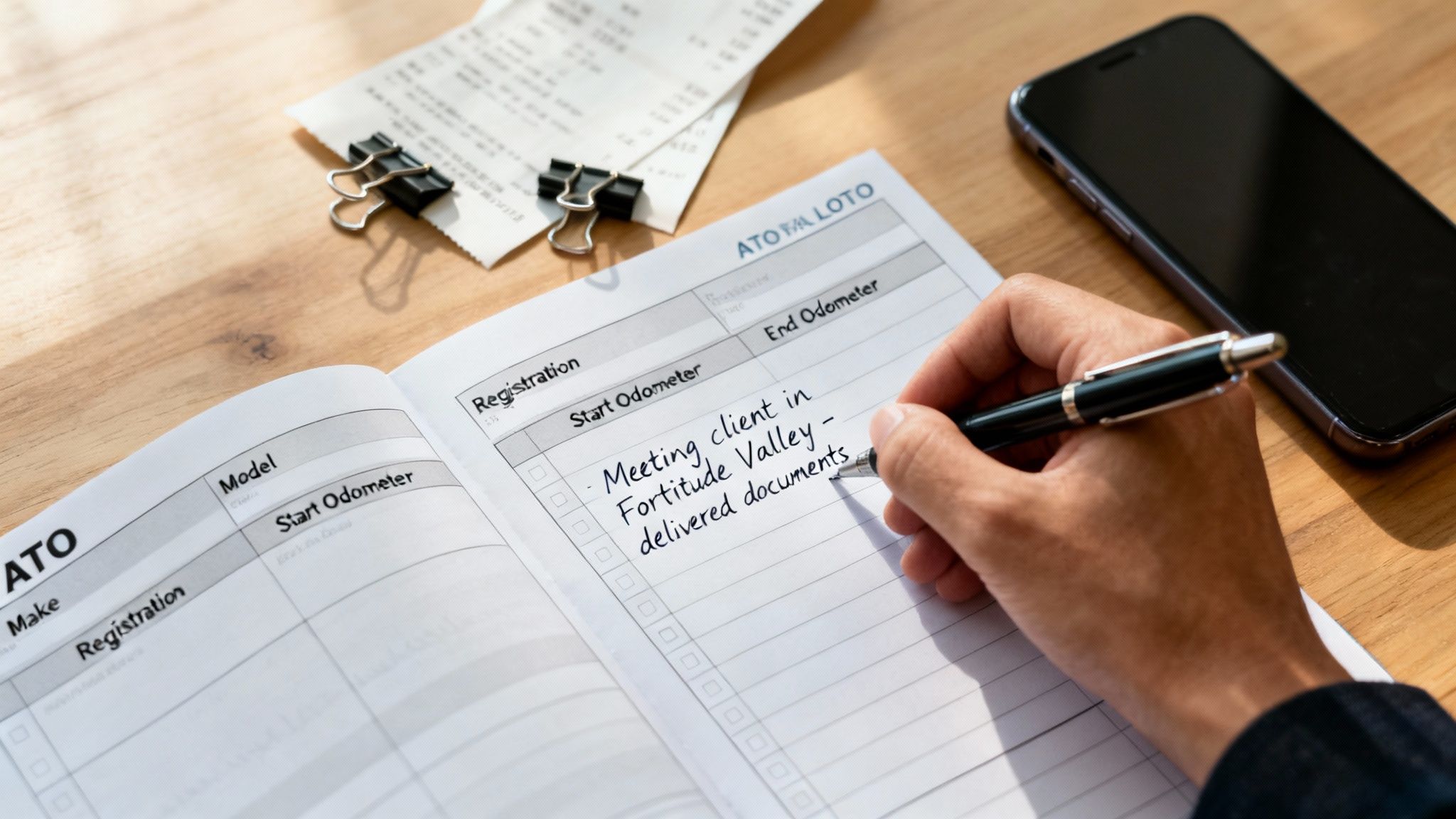 A hand writes notes about a client meeting and document delivery in an ATO car logbook.