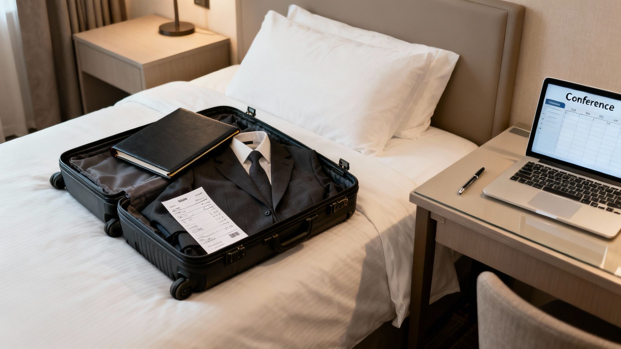 An open suitcase with a suit, shirt, and notebook on a hotel bed, a laptop on the desk.