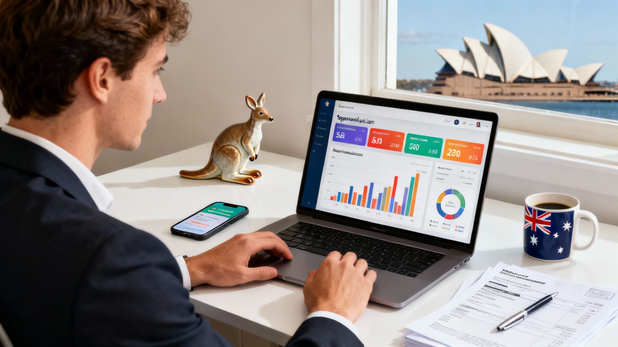 Australian professional checking super balance online via myGov and ATO dashboard on a laptop, illustrating how to check super balance in Australia.