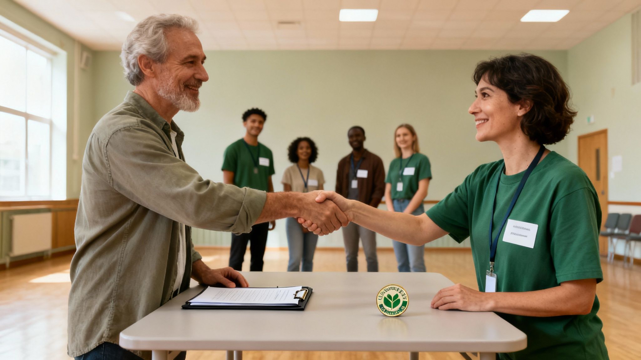 미소 짓는 남성과 여성이 테이블 너머로 악수하고 있으며, 뒤에는 다른 자원봉사자들이 서 있습니다.
