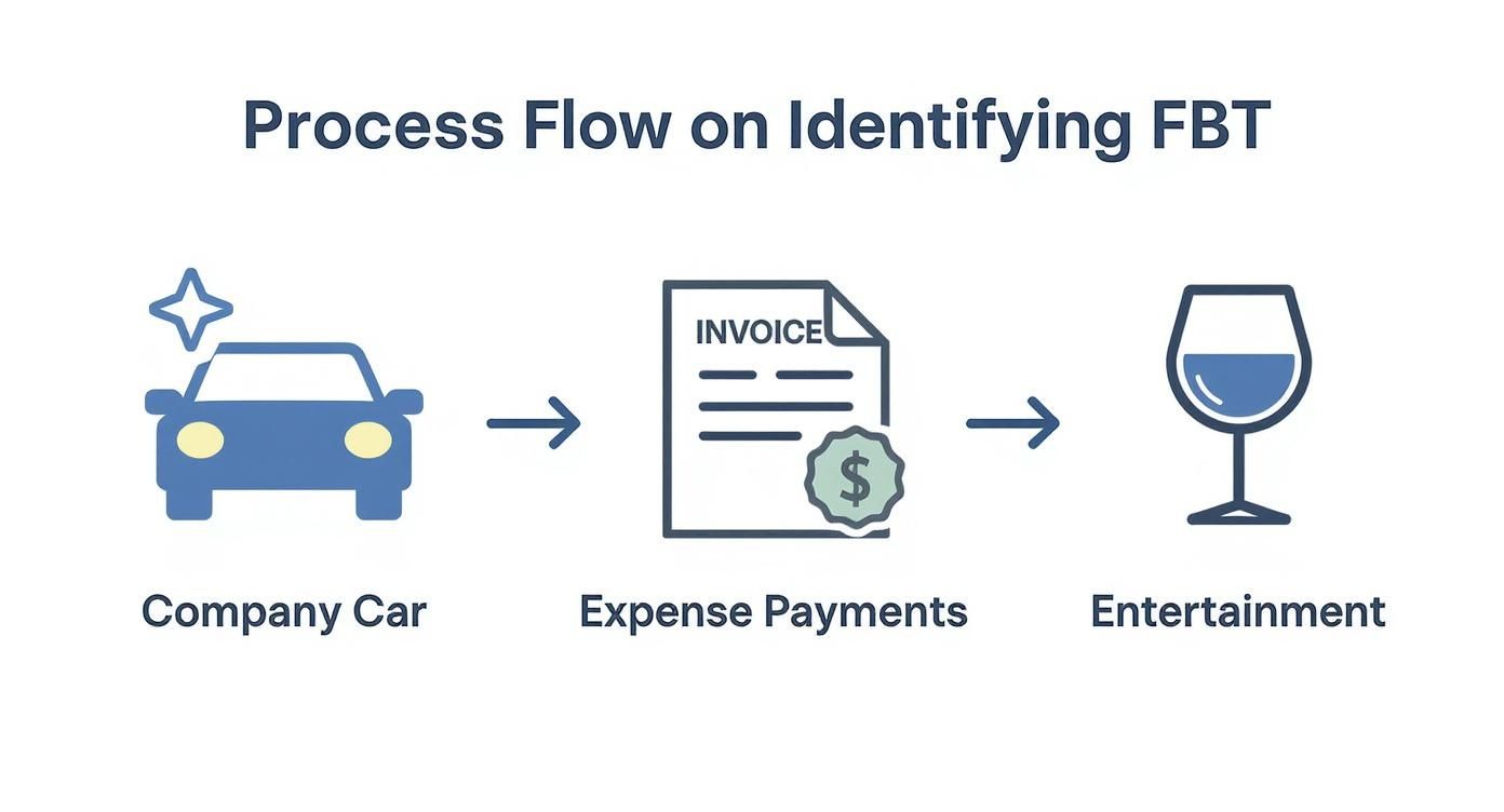 A process flow diagram showing steps to identify FBT: company car, expense payments, and entertainment.