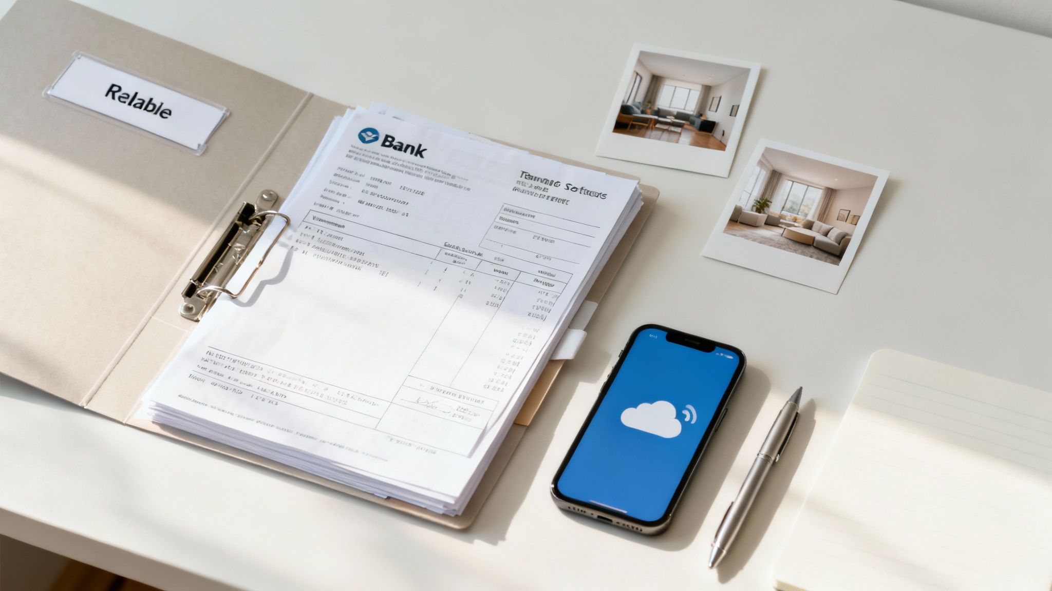 A tidy workspace with bank documents, a smartphone displaying a cloud icon, and two photos on a white desk.