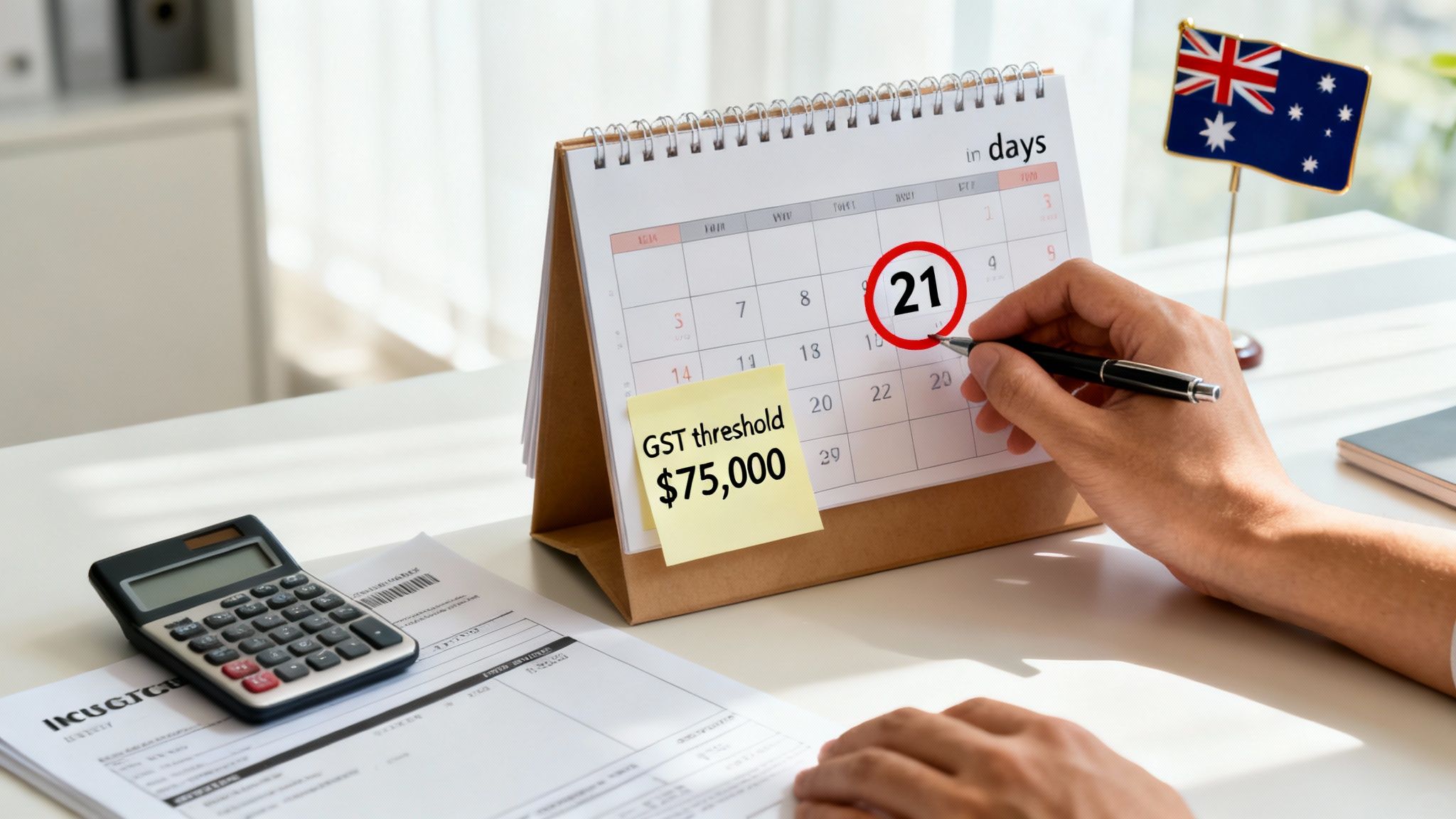 Hand marking date 21 on a desk calendar with a 'GST threshold $75,000' note and Australian flag.