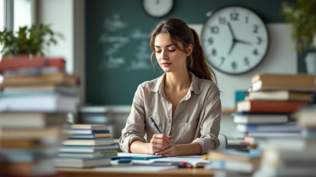 Female teacher studying at her desk in a classroom filled with books and a large wall clock
