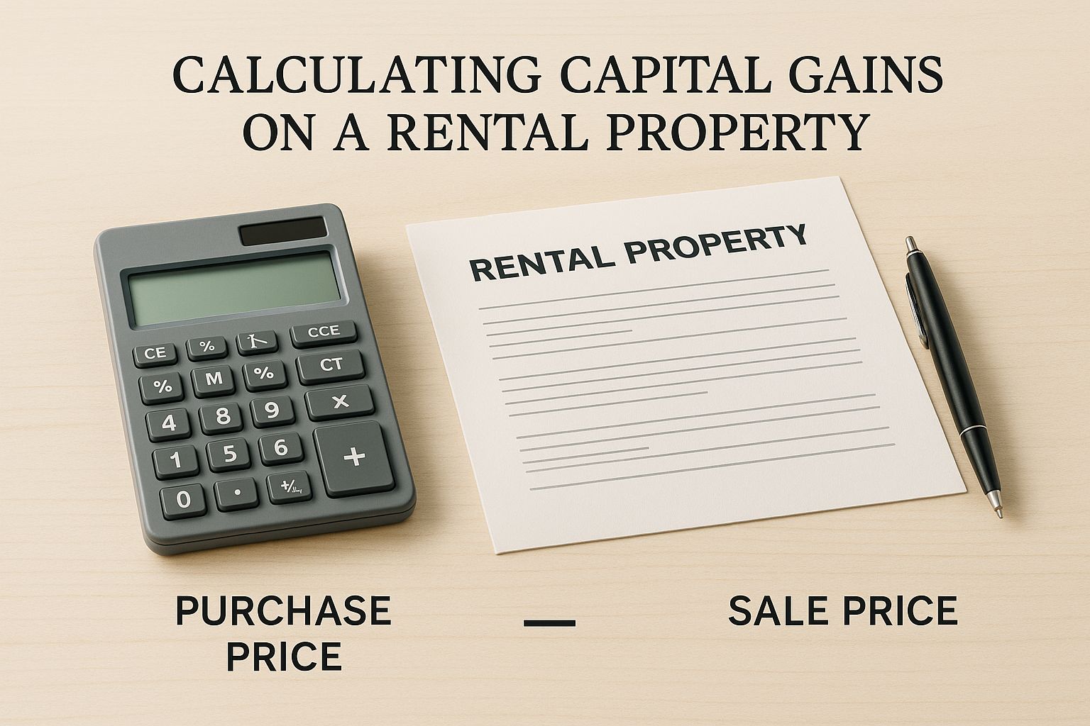 Infographic showing how to calculate capital gains on a rental property, with a calculator, notepad labeled "Rental Property", and the formula: Sale Price minus Purchase Price.