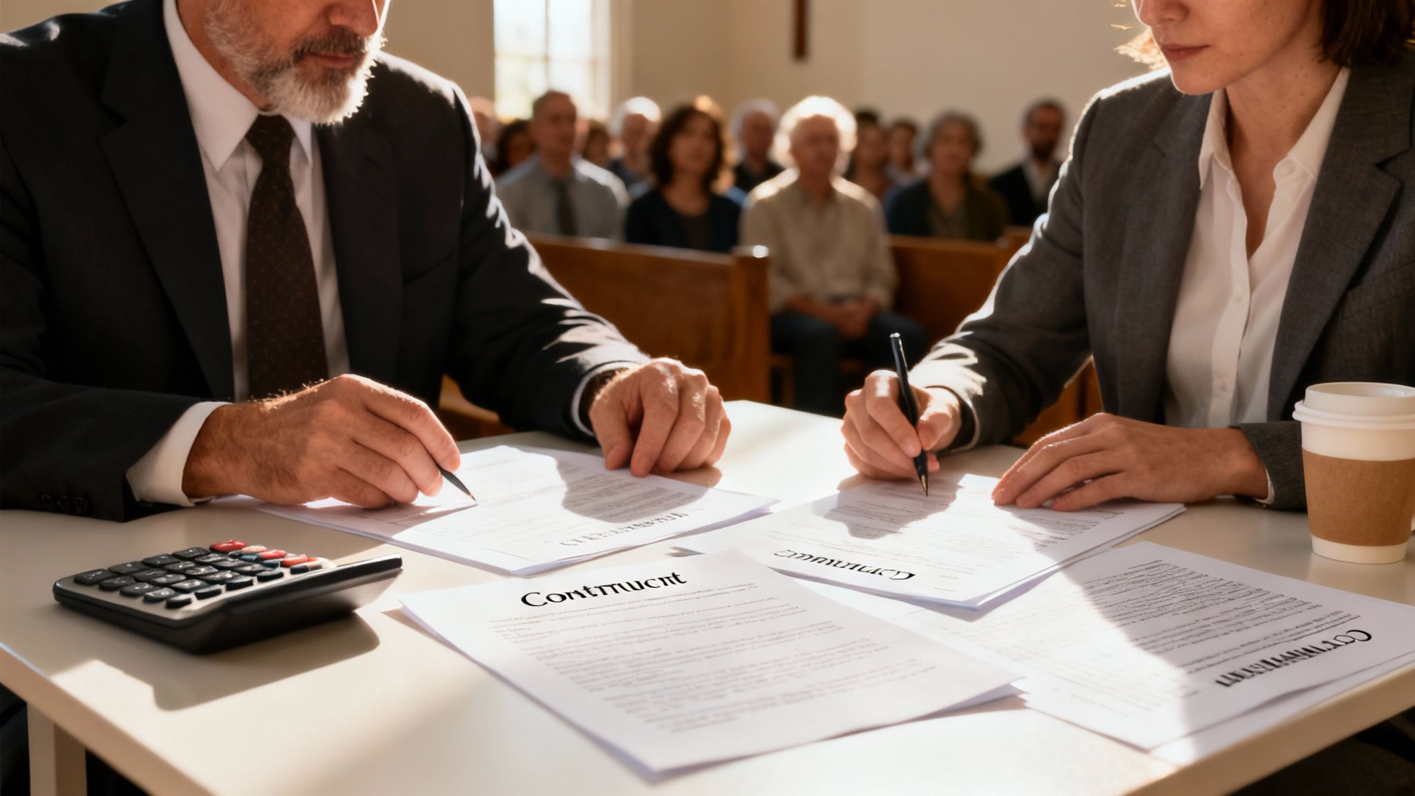 교회 내부, 두 명의 성인 남녀가 탁자에 앉아 펜으로 서류에 서명하고 있다. 계산기와 커피잔도 함께 보인다.
