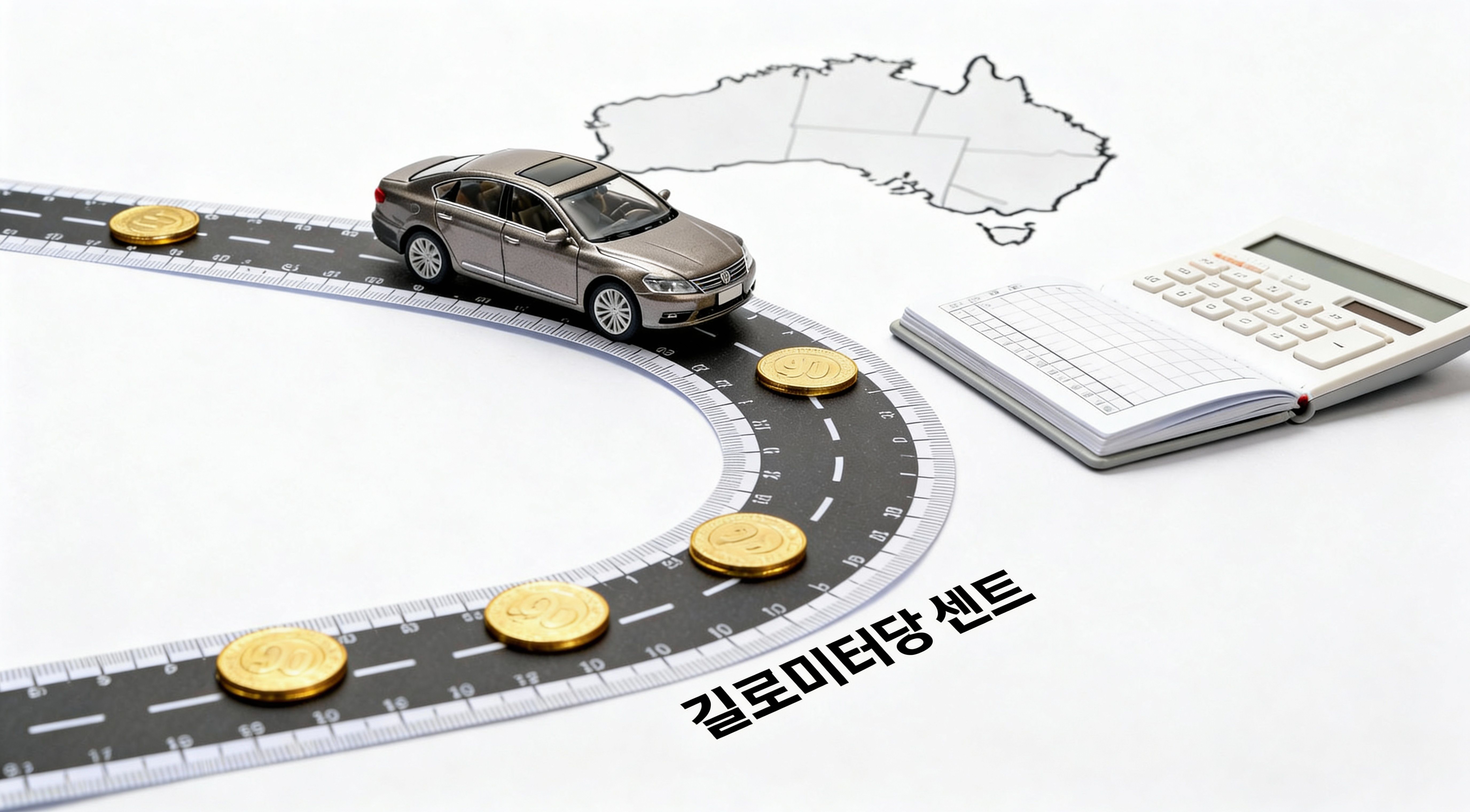 2026년 ATO 차량비용 세금공제를 설명하는 이미지로, 자동차와 도로, 동전과 계산기가 함께 배치되어 Cents per km 방식의 차량 비용 계산을 시각적으로 표현한 모습