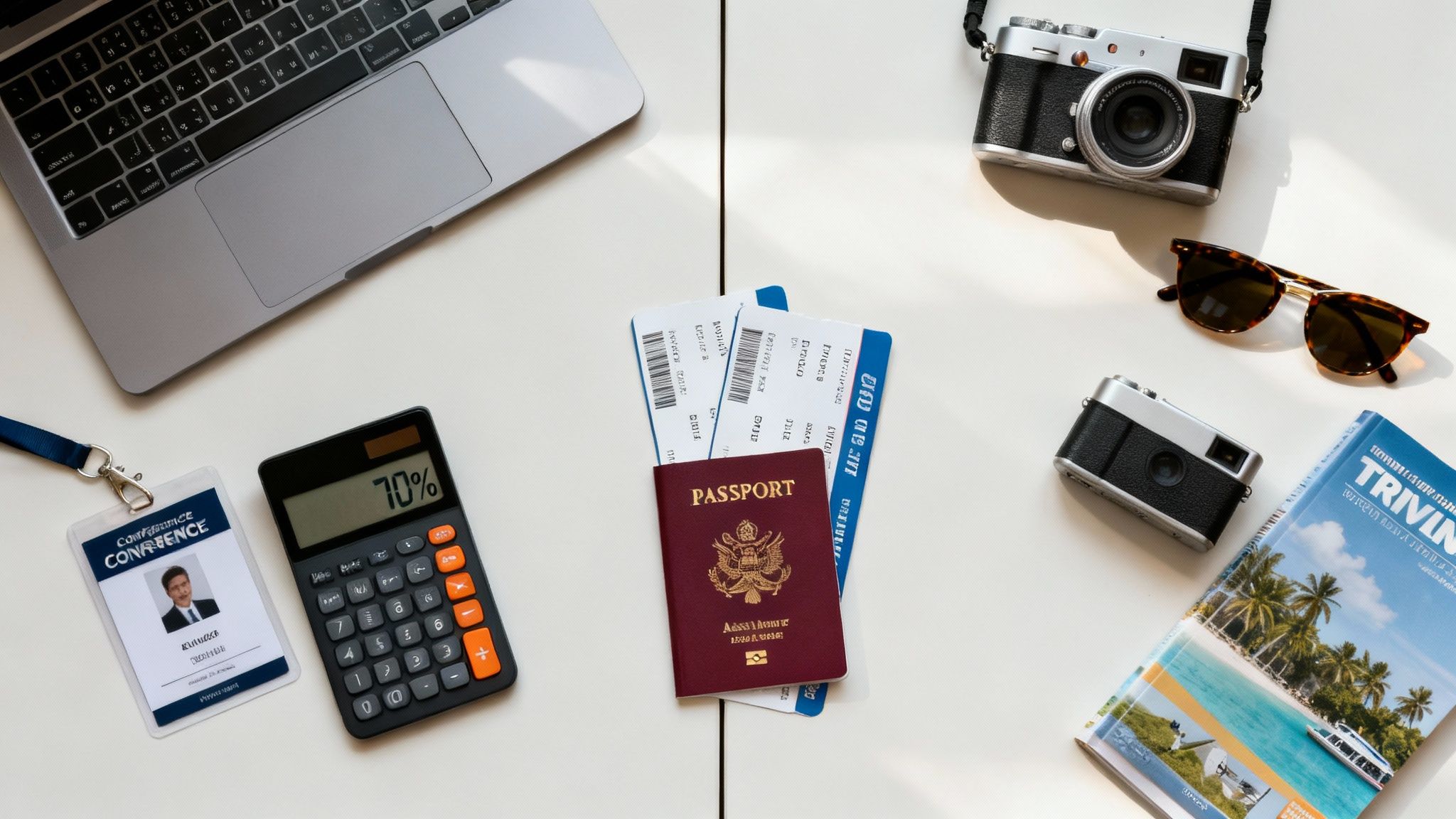 Flat lay of business travel essentials including a laptop, calculator, ID, passport, and tickets.
