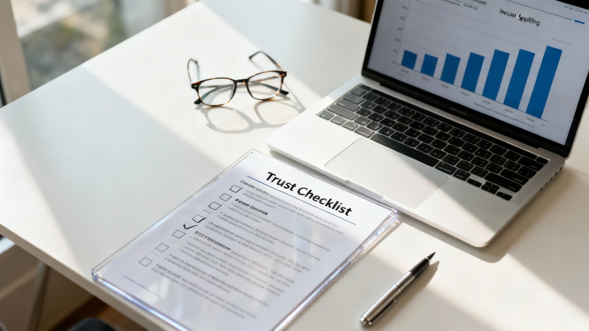 노트북 화면에 소득 분할 차트가 보이고, 신뢰 체크리스트 문서와 안경이 있는 사무실 책상.