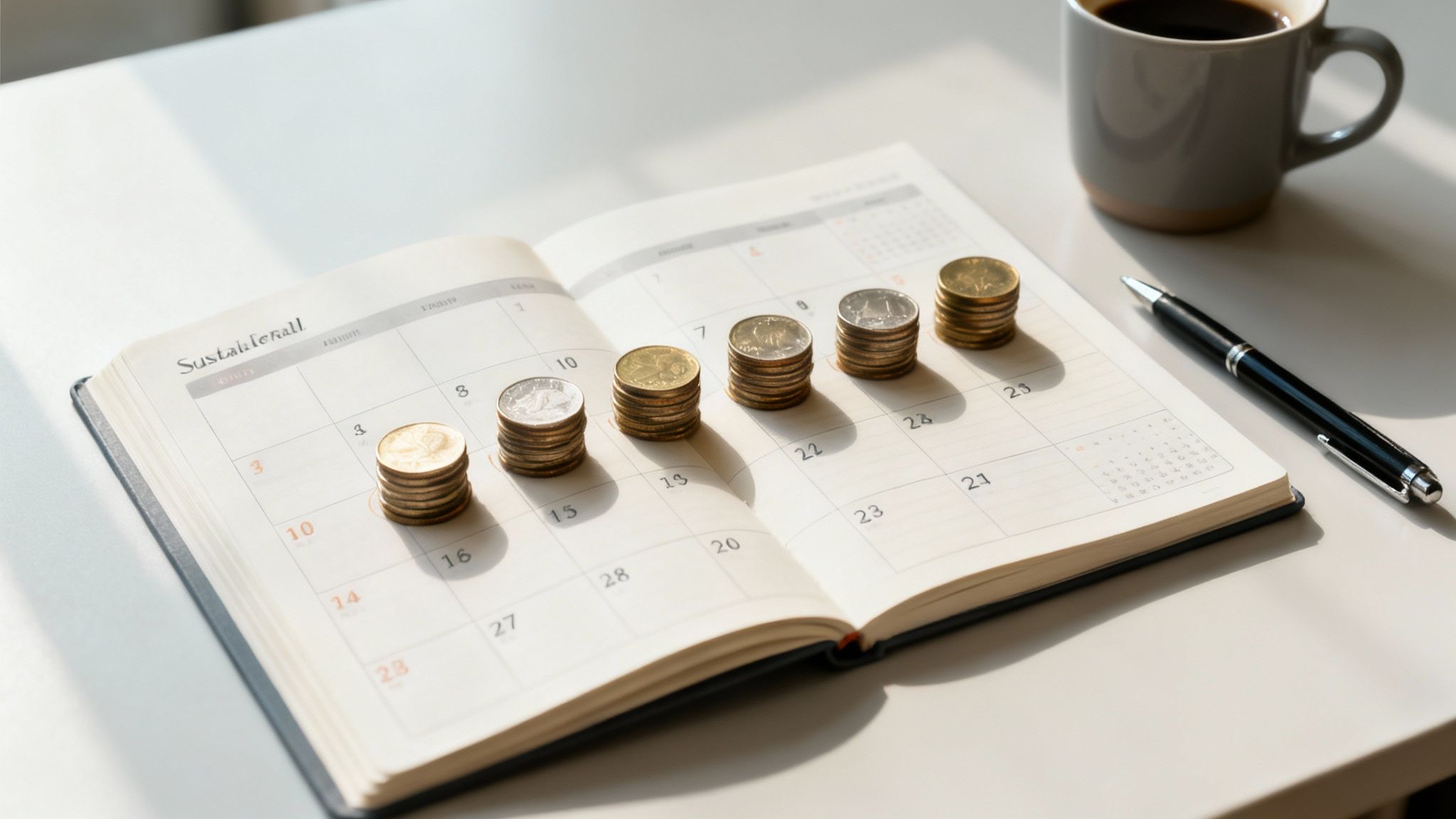 달력에 쌓인 동전 더미와 펜, 커피 잔이 있는 책상 풍경으로, 재정 계획이나 저축을 나타냅니다.
