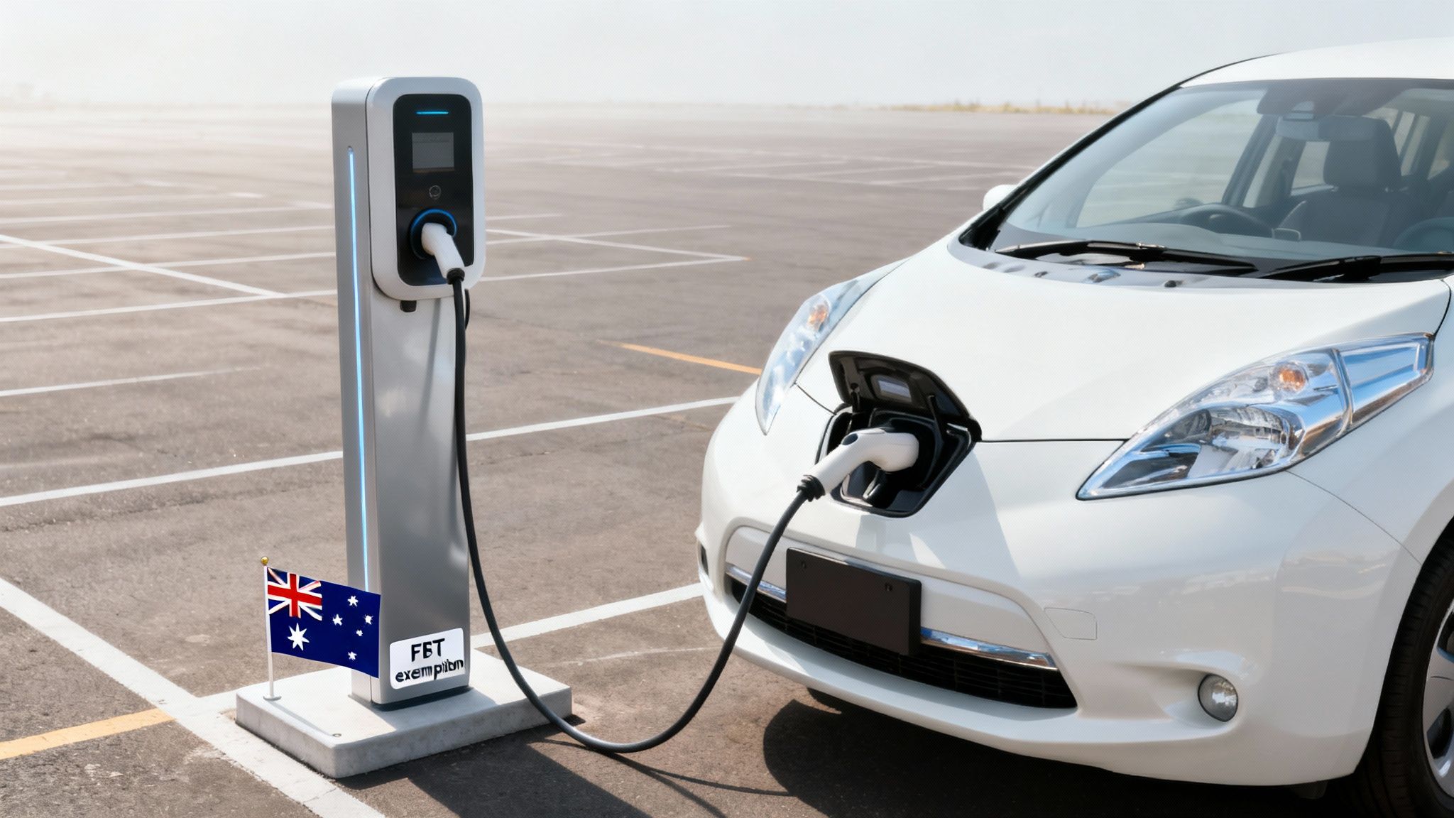 A white electric car charges at a public station, with an Australian flag and FBT exemption sign.