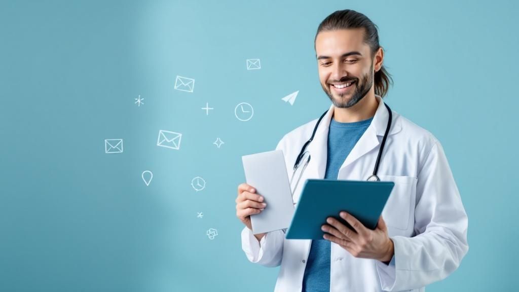 Smiling medical professional using digital devices with communication icons in the background