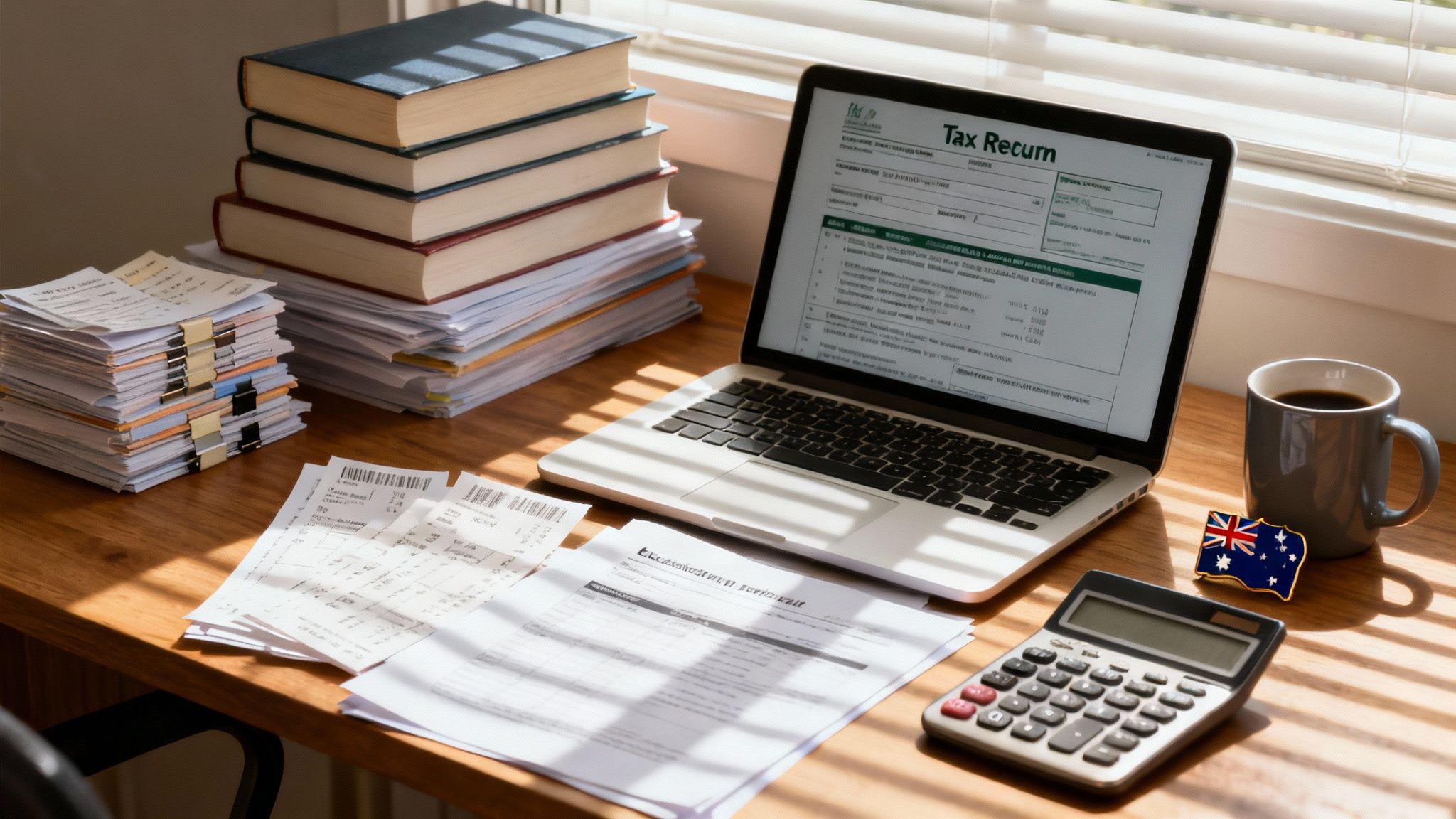 Self-education expenses tax deduction guide for Australian tax return, featuring study materials, laptop, and financial records