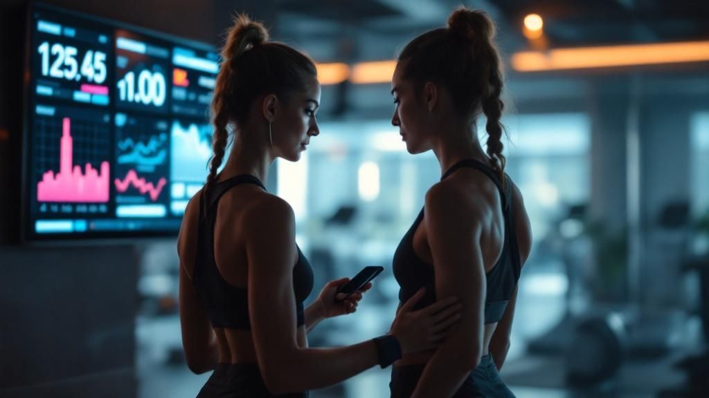 Two female fitness professionals discussing performance data in a gym setting