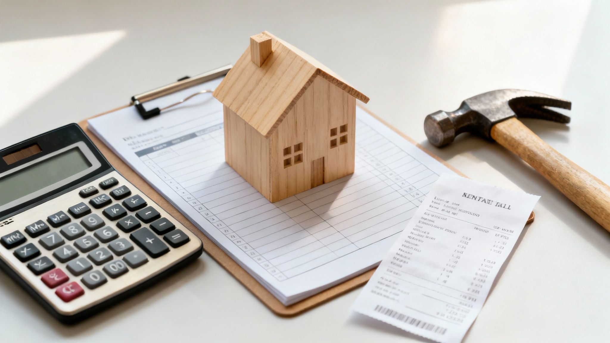 A wooden model house, calculator, hammer, and rental bill on a desk, representing home finances.