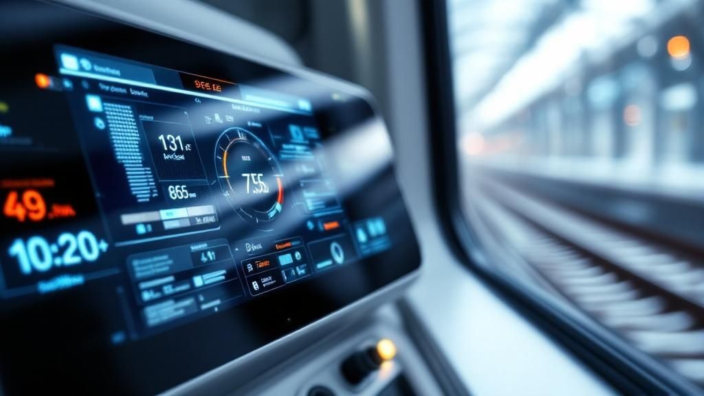 Close-up of a digital train control panel displaying speed, diagnostics, and system information.
