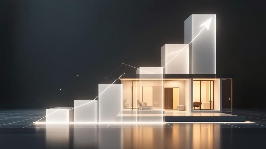 Modern house with an overlay of a glowing bar graph and upward arrow, symbolizing property value growth and real estate investment success.