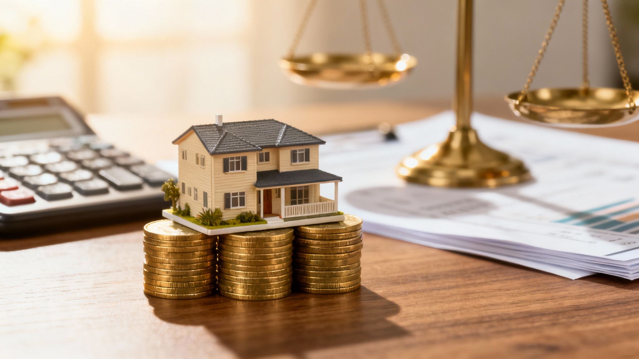 Investment property CGT calculation in Australia illustrated with a house model, stacked coins, and scales representing capital gains tax and property investment