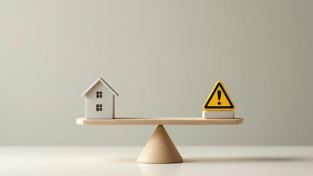 Small house model and caution sign balanced on a wooden seesaw, symbolizing property investment risks