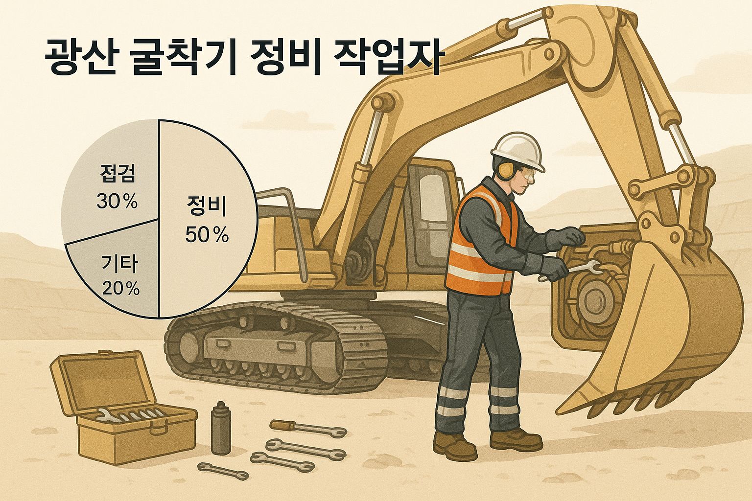 A mining technician in safety gear repairing a large excavator, with an infographic pie chart showing maintenance tasks.