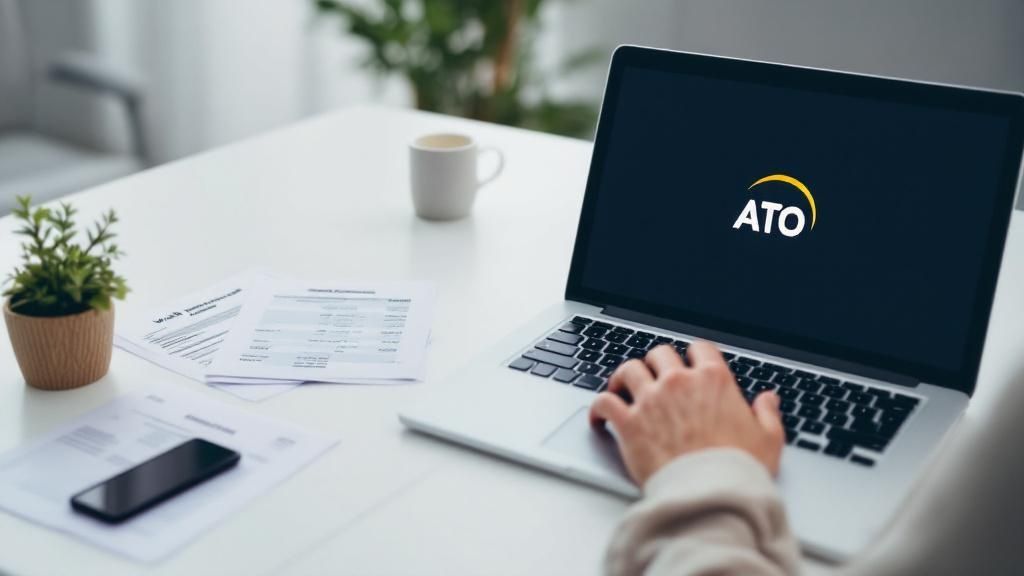 Person using laptop with ATO logo on screen, surrounded by tax documents
