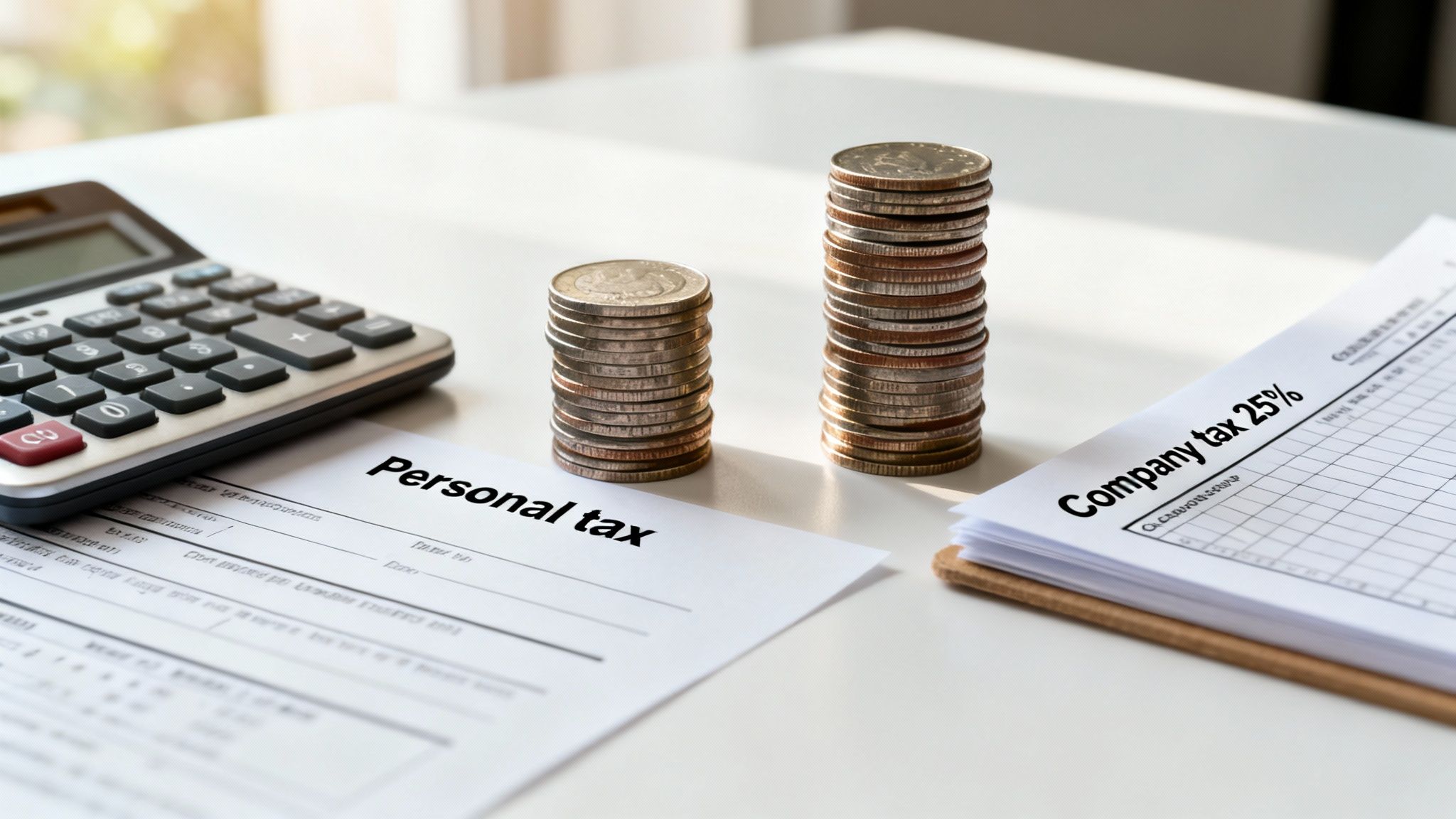 A calculator, stacks of coins, and tax documents for personal and company tax.