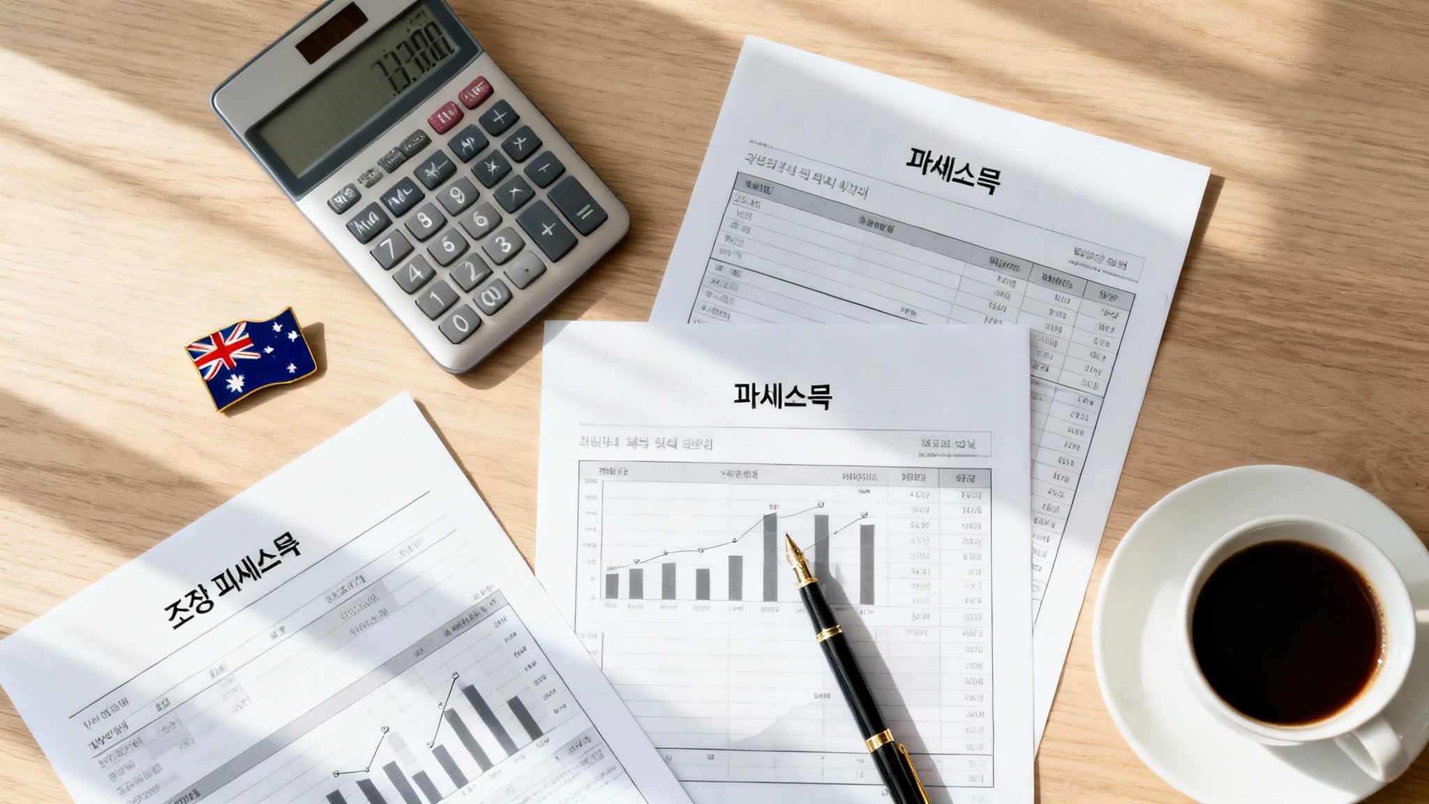 호주 세금 신고 서류 위에서 돋보기를 통해 조정 과세소득(ATI)을 확인하는 모습으로 호주 ATI 개념을 설명하는 이미지