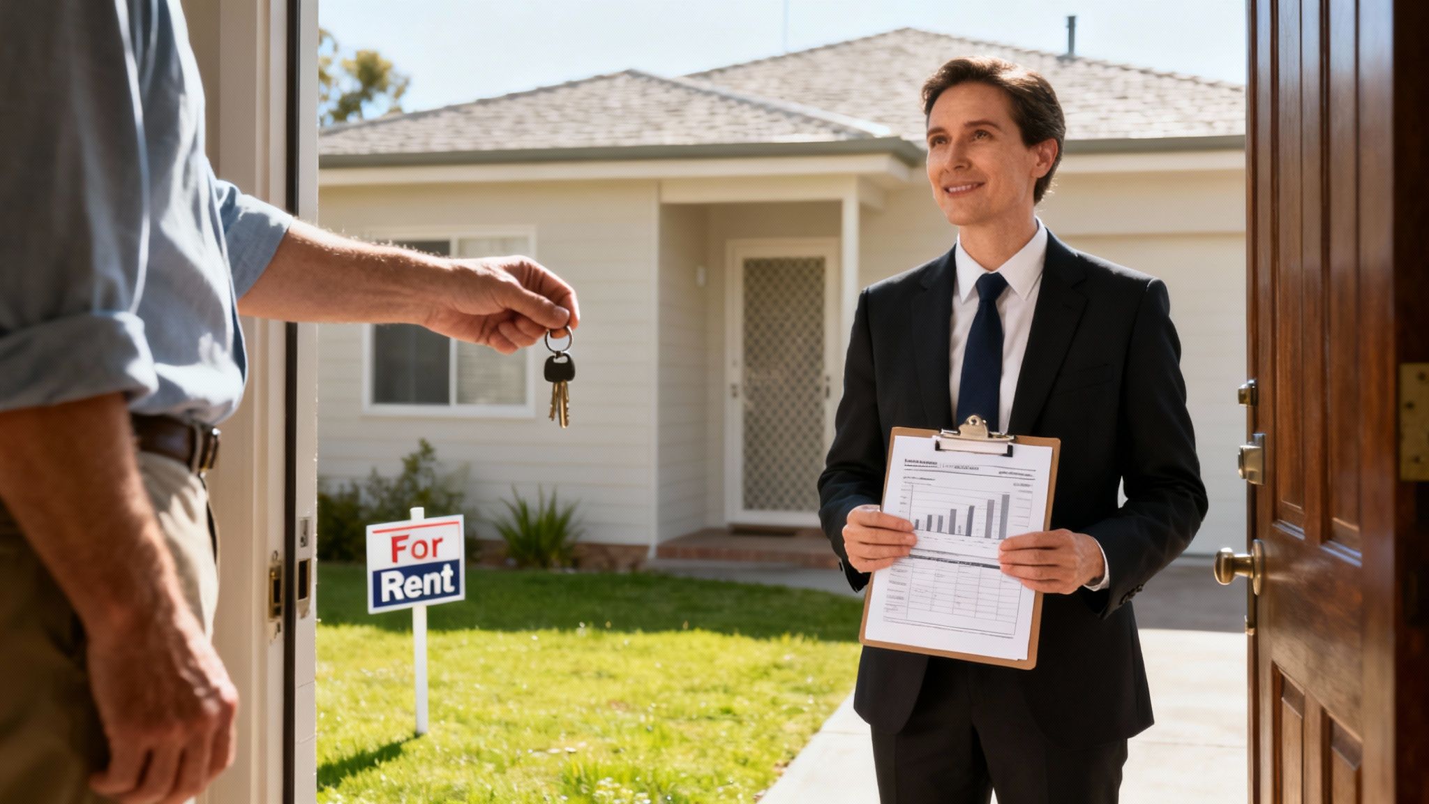 A real estate agent receives keys to a house with a 'For Rent' sign on the lawn.