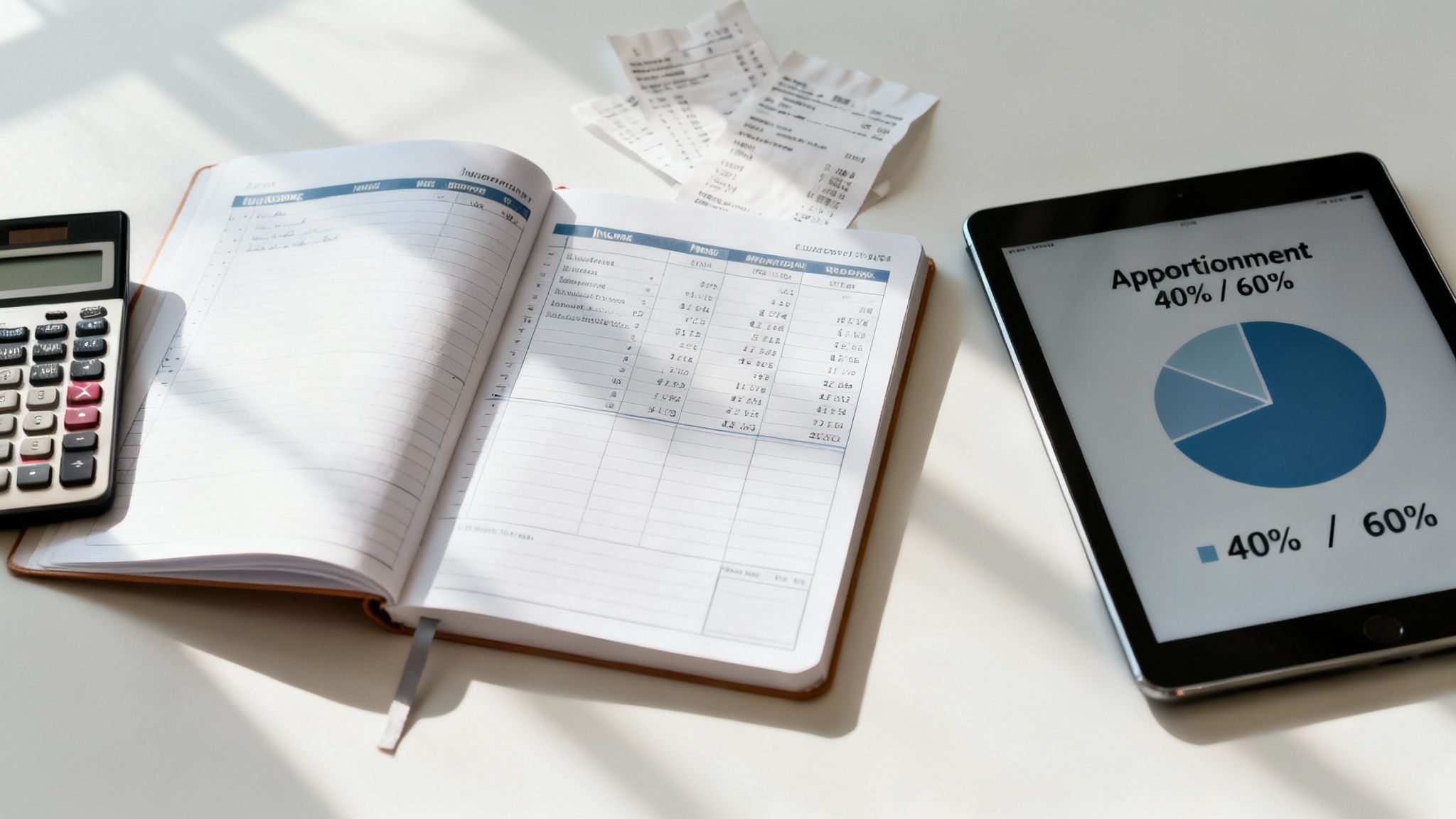 A desk scene with a calculator, open financial notebook, receipts, and a tablet displaying a 40/60 apportionment pie chart.