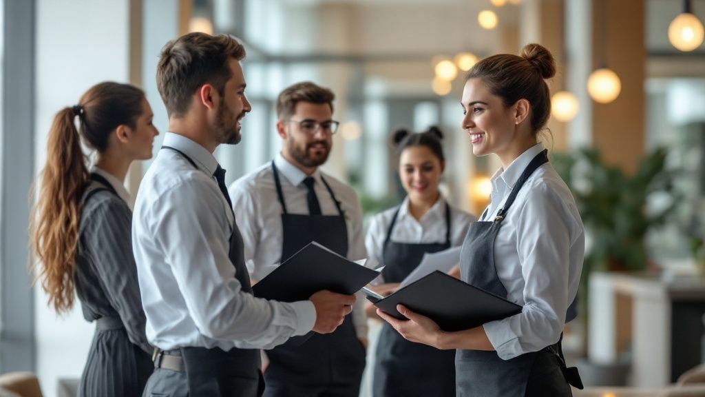Hospitality staff in uniforms having a briefing or team meeting in a modern restaurant environment.
