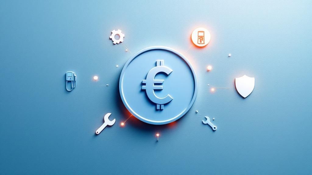 Blue-toned graphic with a currency symbol surrounded by icons representing fuel, tools, gears, and car-related expenses