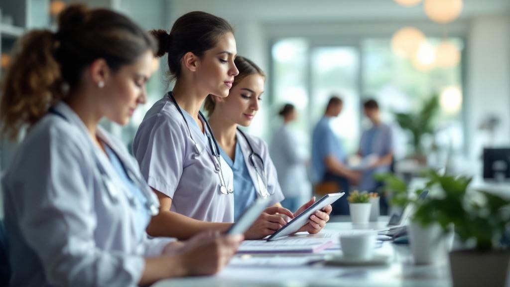 Female medical staff working on digital tablets and paperwork in a modern hospital environment