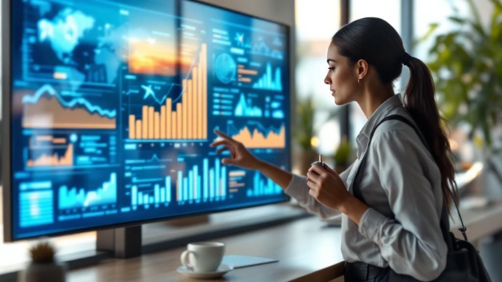 Businesswoman analyzing financial data and charts on a large interactive screen in a modern office.