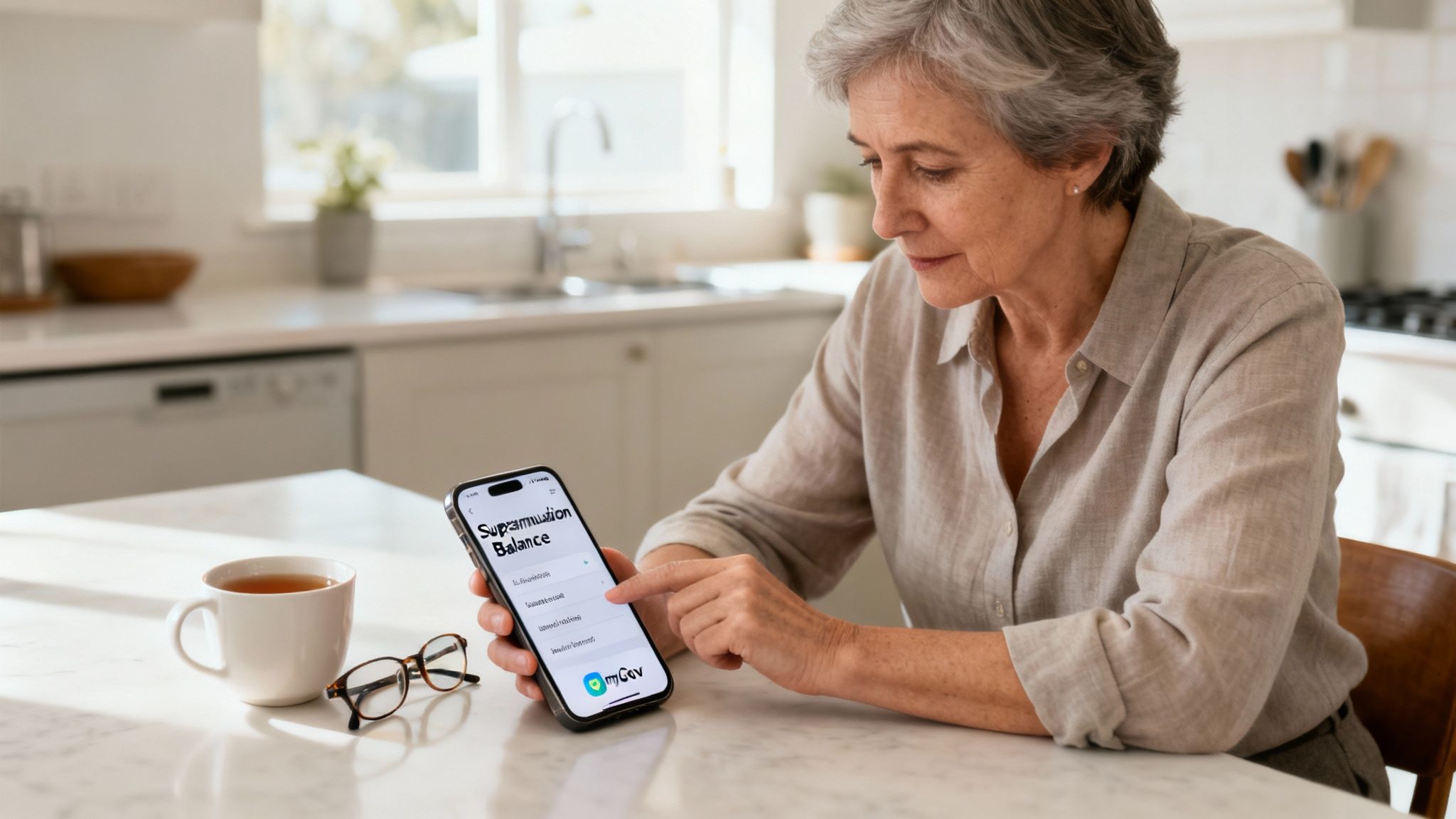 An older woman uses her smartphone to check her superannuation balance in a bright kitchen.