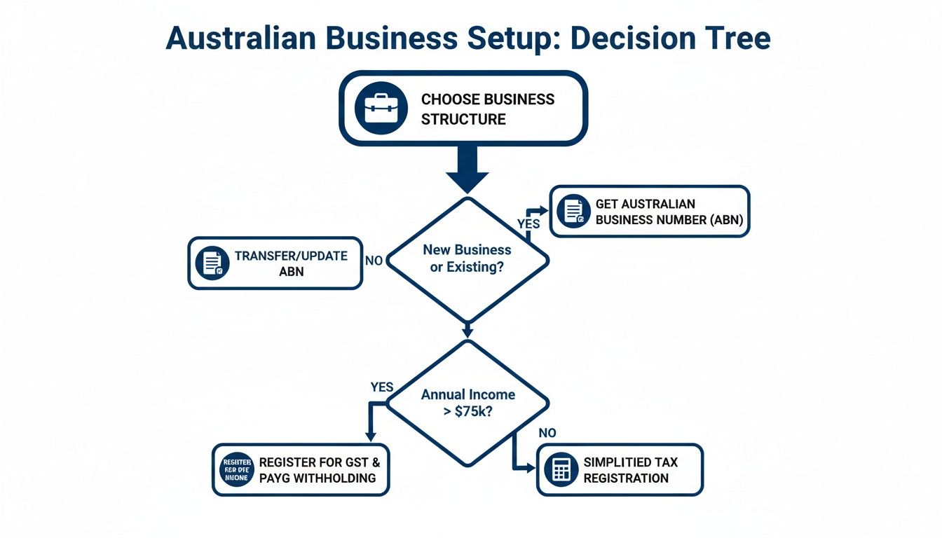 Decision tree for Australian business setup, guiding through structure, ABN, and tax registration.